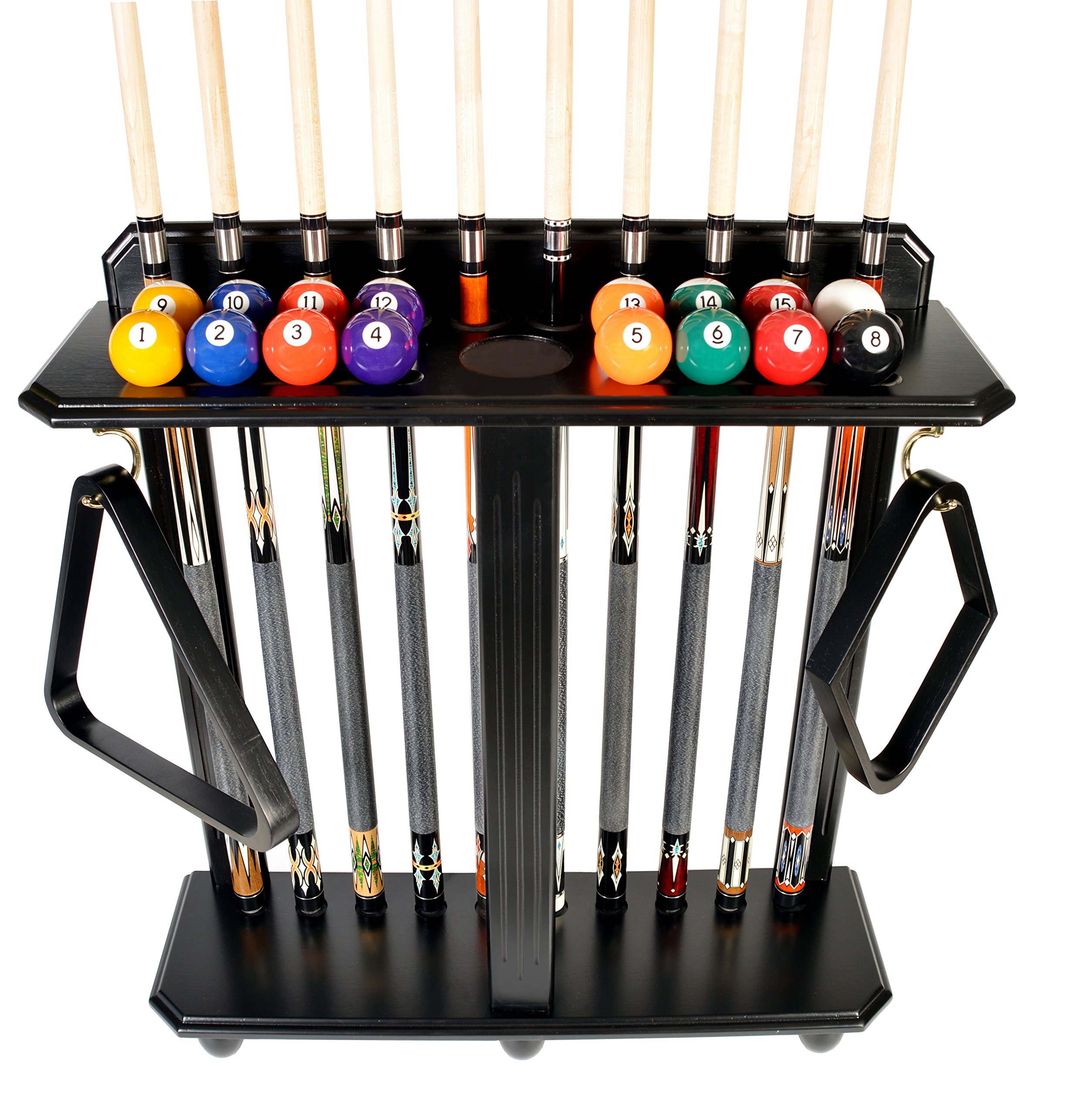Premium Wooden Pool Cue Rack - Holds 10 Billiard Sticks & Full Ball Set - Durable Floor Standing Billiards Accessory (Black) - Perfect for Game Rooms, Bars, and Home Pool Tables