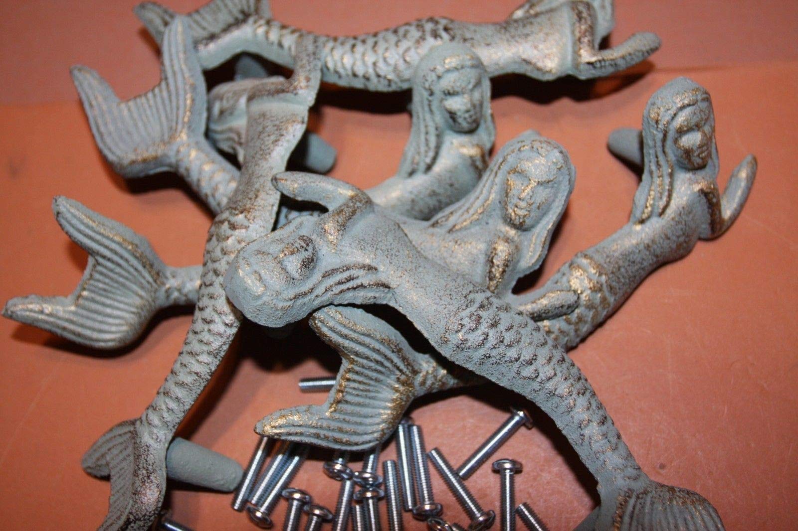 Set of 18 Vintage Mermaid Drawer Pulls - 4 3/8 Inch Center to 7 Inch Length - Antique Cast Iron Nautical Hardware for Cabinets & Furniture (HW-54) - Perfect for Beach House, Coastal Decor & Shabby Chic Style