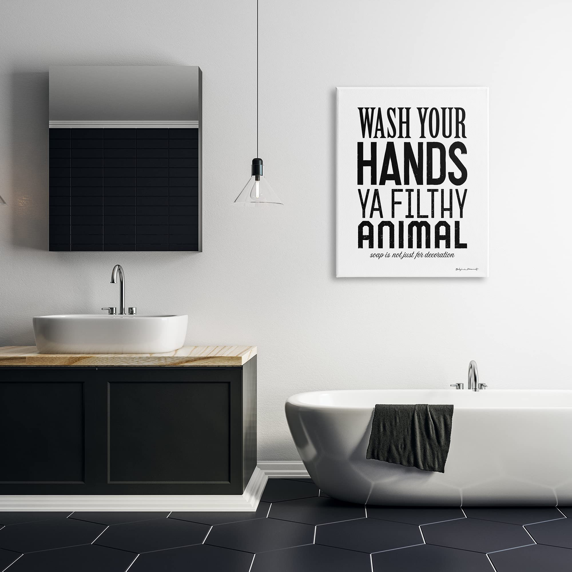 Funny Bathroom Wall Art - 'Wash Your Hands Ya Filthy Animal' by Stephanie Workman Marrott - 30x40 Black Canvas Print - Perfect for Bathrooms, Kitchens & Humorous Home Decor