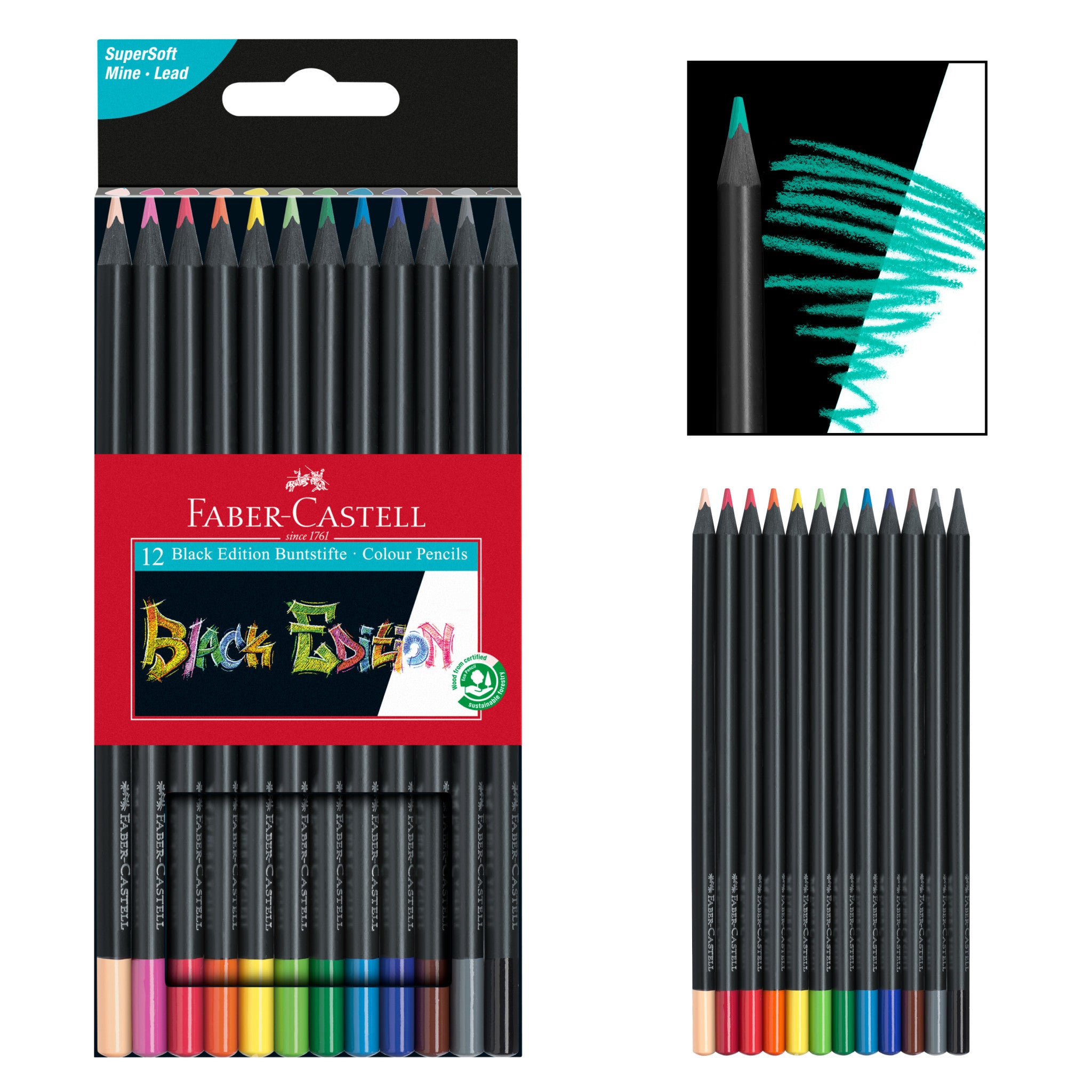 Premium Black Edition Colored Pencils - Set of 12 Vibrant Artist Pencils #116412 for Sketching, Drawing & Adult Coloring Books