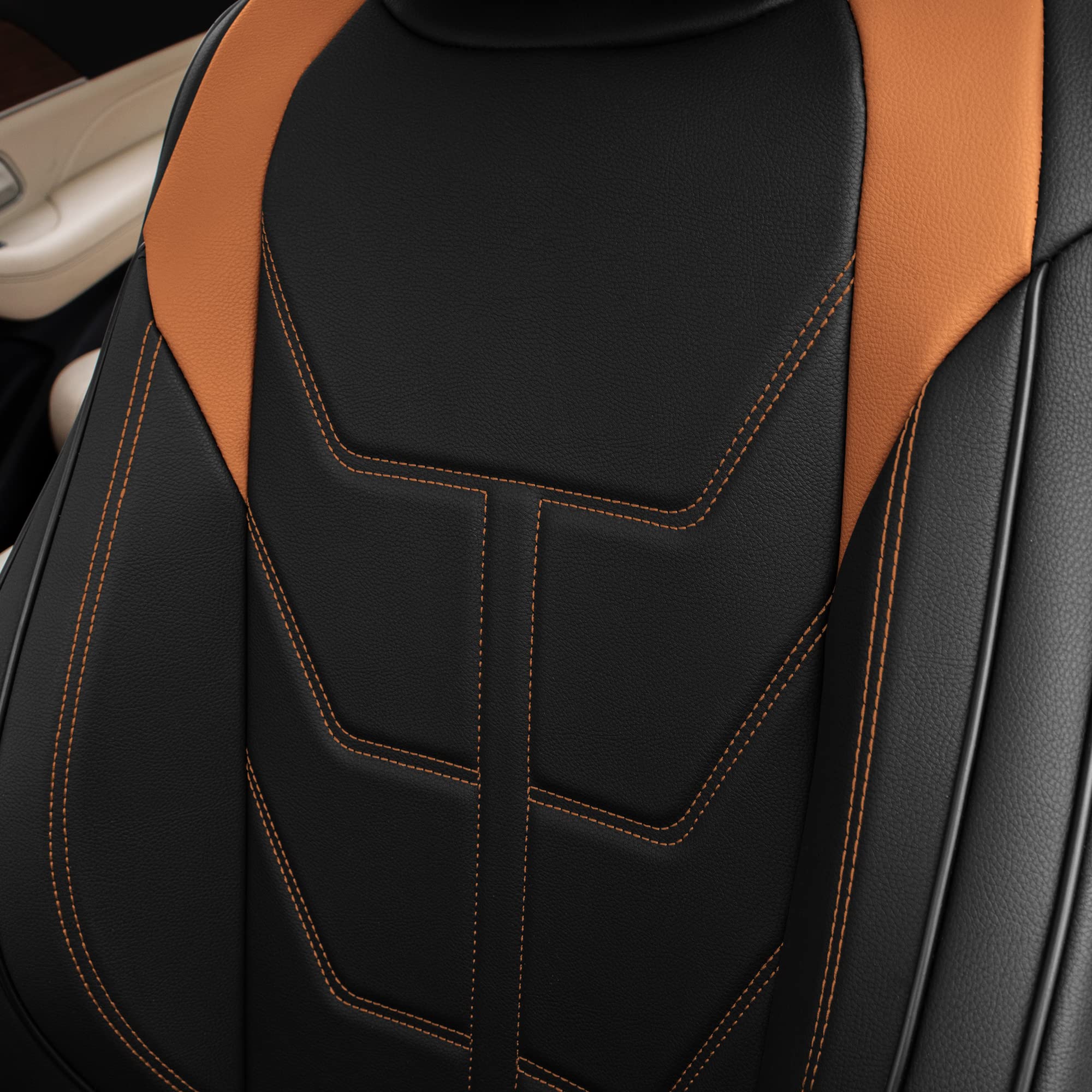 TLH Bionic70 Deluxe Faux Leather Brown Car Seat Covers - 2-Pack Universal Fit Front Seat Covers for Cars, Trucks & SUVs | Waterproof, Durable & Comfortable Seat Protectors with Contrast Stitching | Perfect for Daily Commute, Road Trips & Pet Protection