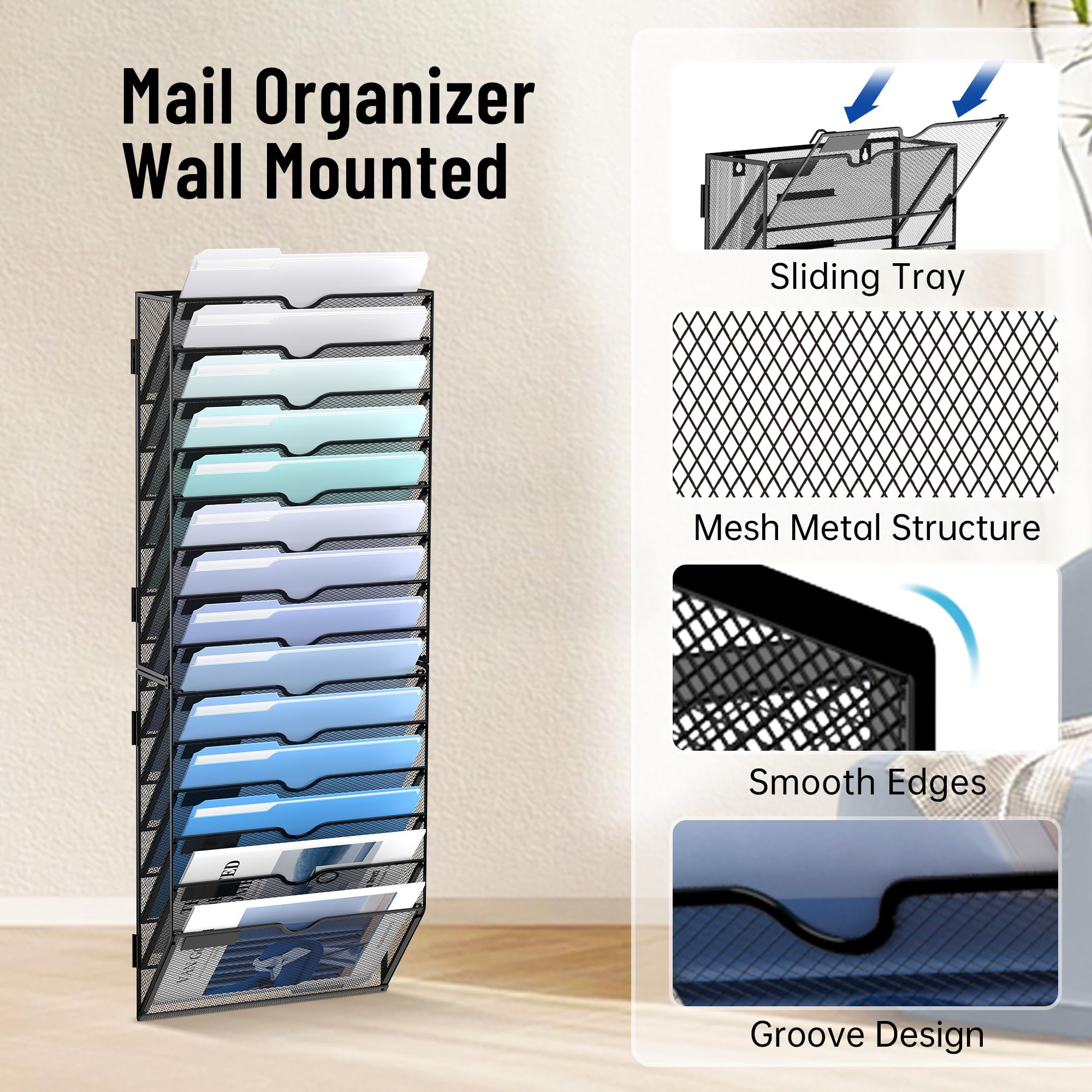 14-Tier Wall File Organizer - Hanging Wall Mount Mail & Paper Holder for Office & Home - Perfect for Organizing Files, Folders, Clipboards & Documents (Black) - Ideal for Home Offices, Workspaces & Study Areas