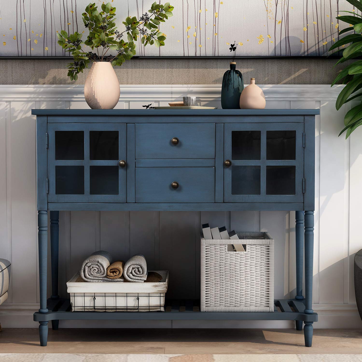 ZSQ Rustic Console Table - Entryway Buffet Cabinet & Sofa Table for Living Room, Dining Room - Antique Navy Finish | Perfect for Hallway Decor, Farmhouse Style Home & Small Space Furniture