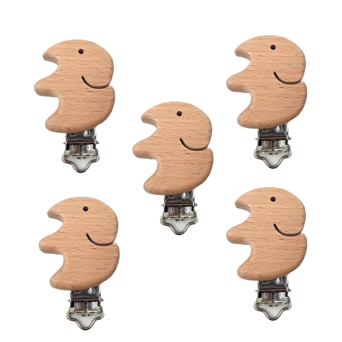 5pcs Natural Wooden Pacifier Clips - Cute Elephant Shaped Beech Wood Teether Holder for Babies, Safe & Non-Toxic Pacifier Accessory - Perfect for Nursery, Baby Shower Gifts & Daily Use