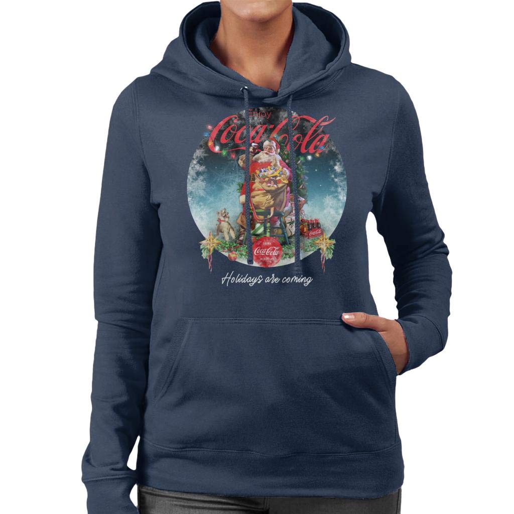 Coca-Cola Santa at Christmas Tree Women's Hooded Sweatshirt - Navy Blue Pullover for Holiday Parties & Winter Fashion