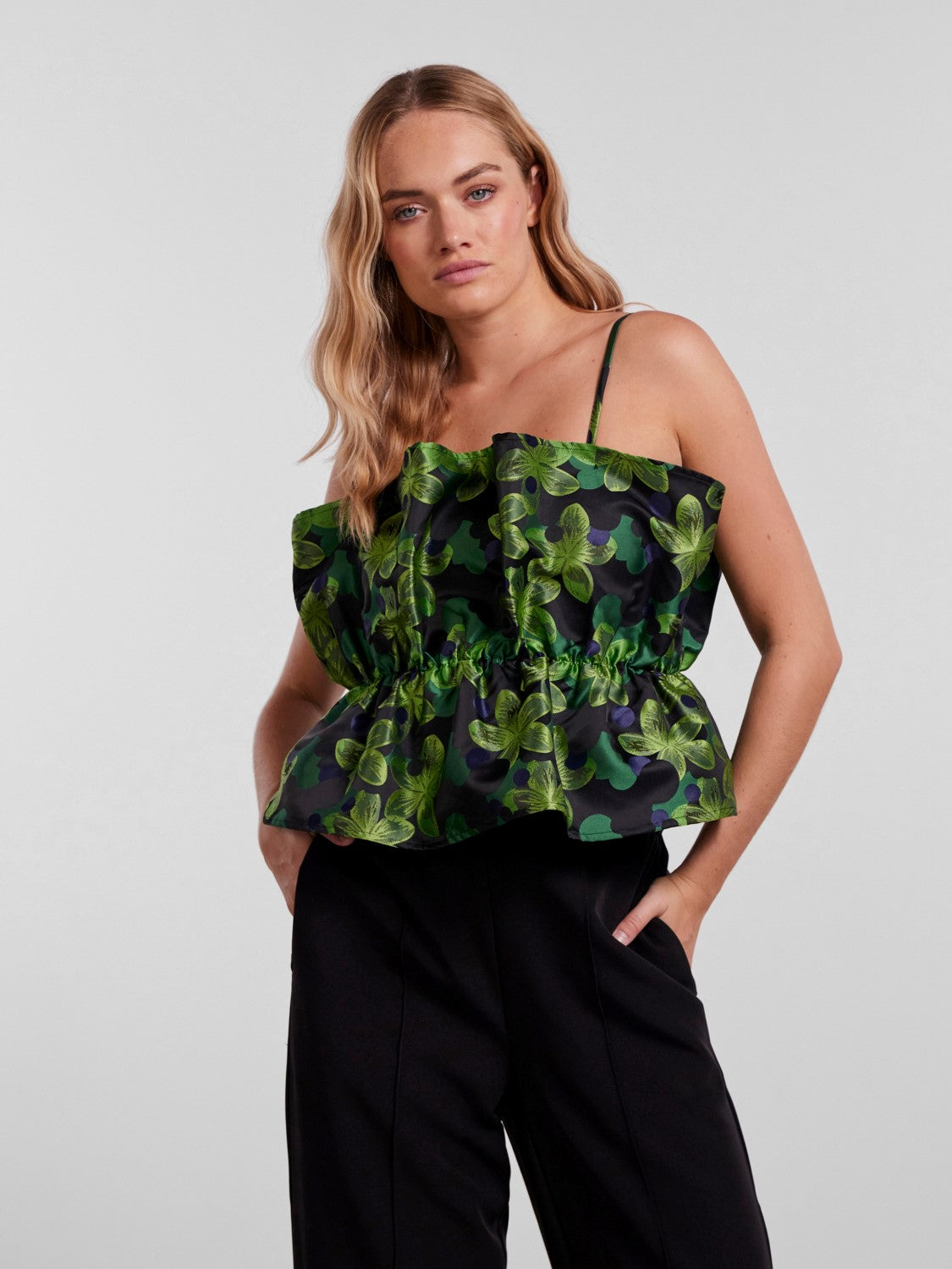 Inna Bandeau Frill Top - Green Floral Print Women's Crop Top | Summer Beachwear, Music Festival Outfit, Boho Chic Style