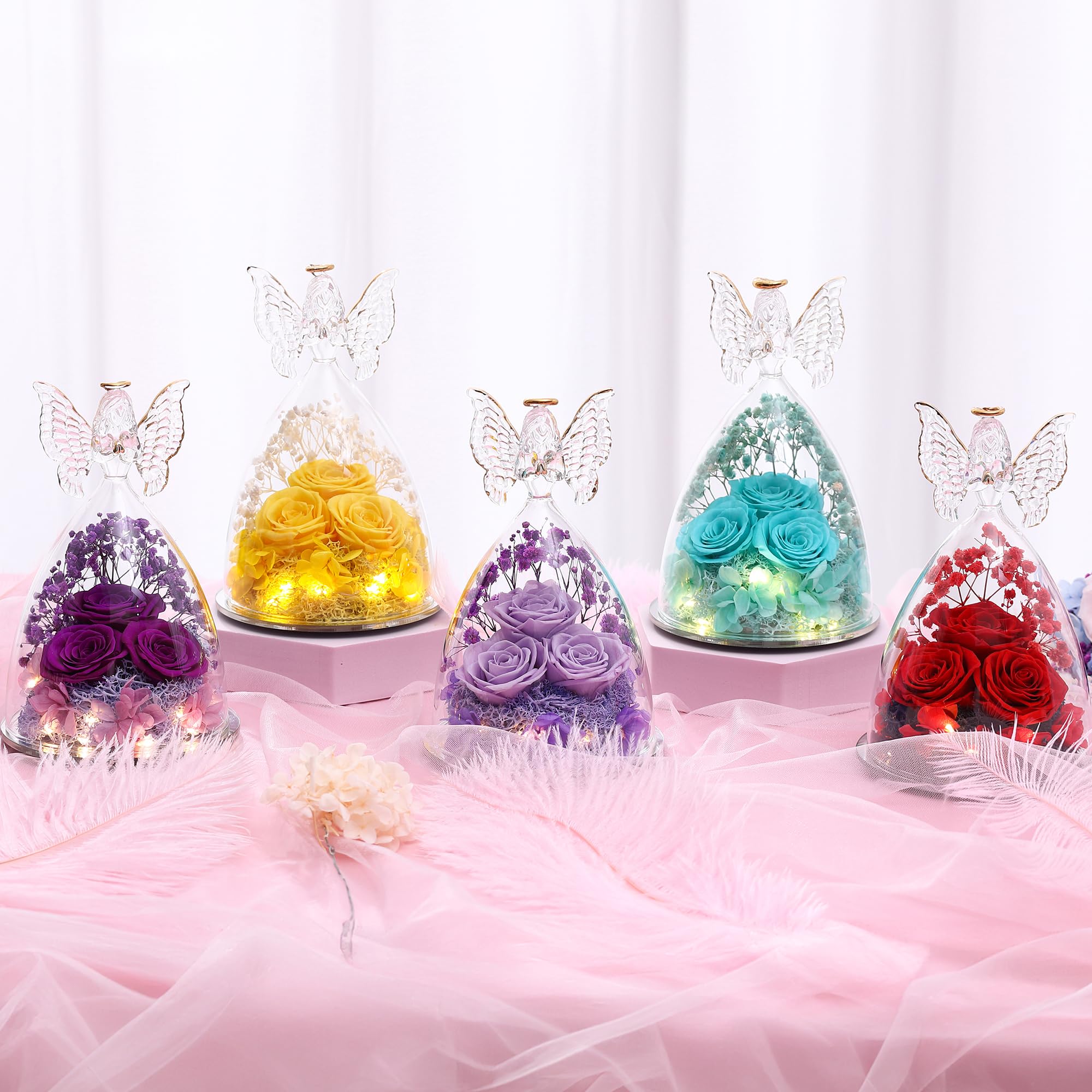 Glass Angel Figurine with 3 Preserved Real Roses - Eternal Rose Gift for Women, Mothers Day Present, Light Purple Guardian Angel Home Decor - Perfect for Birthday, Anniversary & Valentine's Day Gifts