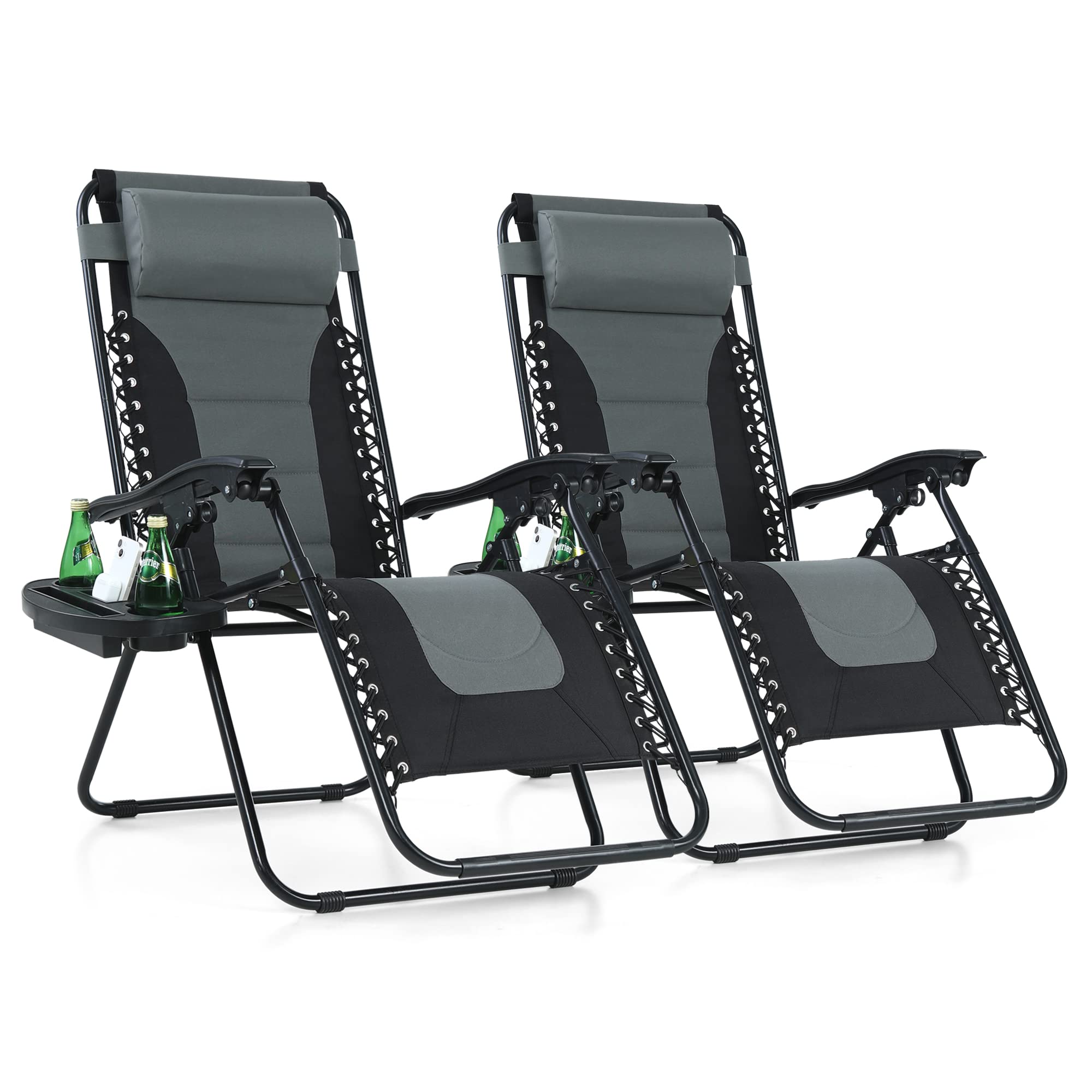 PHI VILLA Set of 2 Oversized Zero Gravity Lounge Chairs - Padded Folding Patio Recliners with Adjustable Headrest & Cup Holder, Supports 350 lbs (Grey) - Perfect for Backyard, Poolside Relaxation & Outdoor Lounging