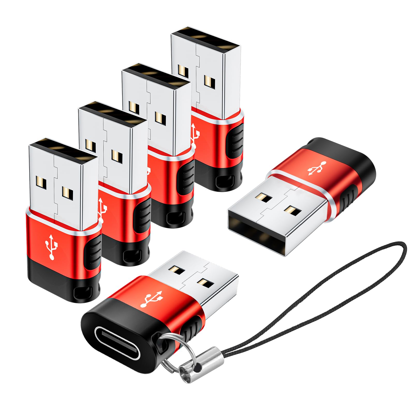 6-Pack USB A to USB C Adapter - USB 3.0 to Type C Converter for iPhone 16/15, iPad, AirPods, MacBook, Laptop & Charger - OTG Compatible (Red) - Perfect for Travel, Office & Home Charging