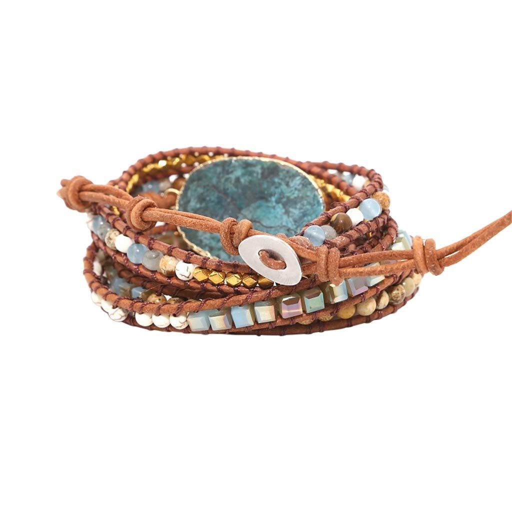 Bohemian Beaded Ocean Bracelet - Handmade Stone & Leather Wrap Bangle for Women - Gold Adjustable Beach Jewelry - Perfect for Summer, Festivals & Gift Giving
