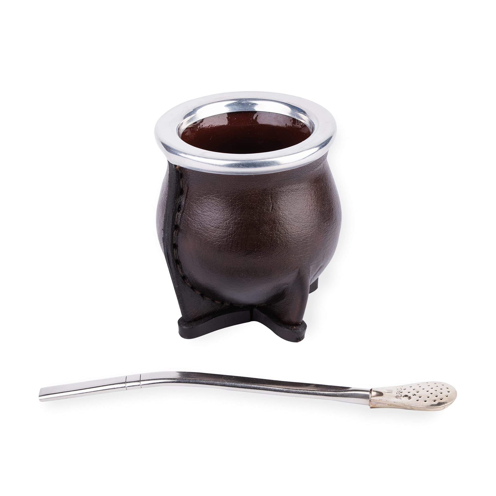 Premium Yerba Mate Cup Set - Handmade Ceramic & Leather - German Silver Straw - Perfect for Travel & Office Use