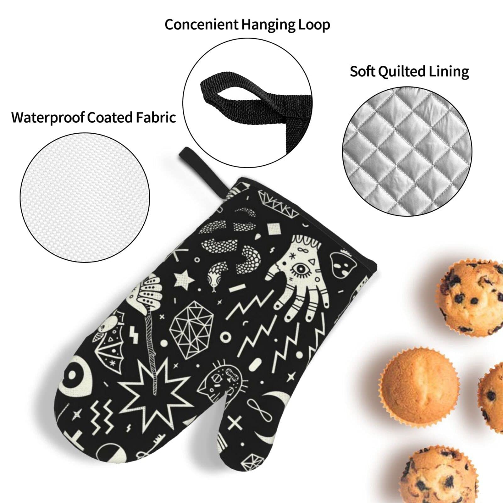 Magical Style Hand Eyes Moon Skull Cat Bat Snake Key 4-Piece Oven Mitt and Pot Holder Set - Heat Resistant, Non-Slip Kitchen Gloves with Inner Cotton Layer for Cooking, BBQ, Baking, Grilling - Perfect for Halloween Parties, Gothic Kitchen Decor & Spooky Themed Events