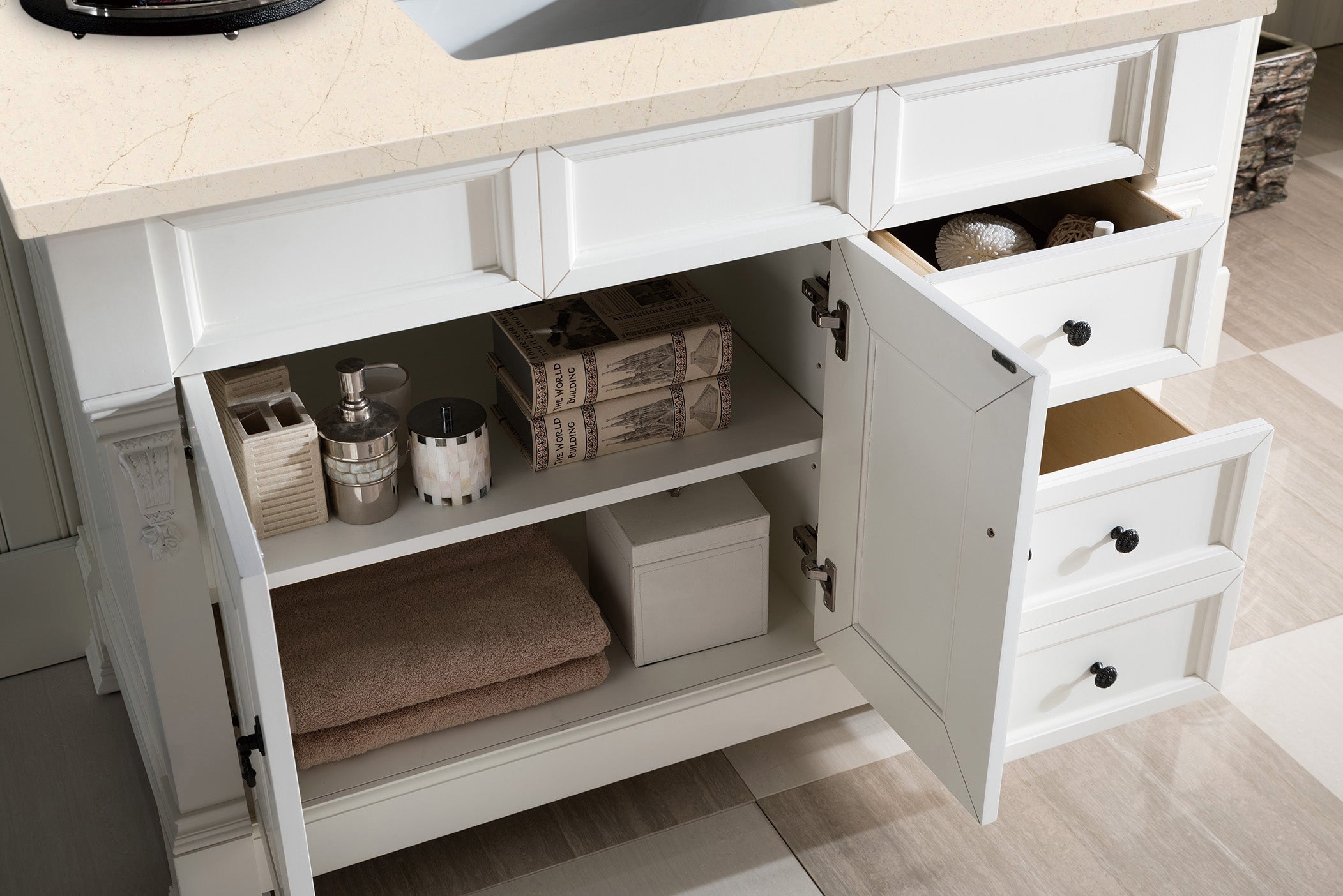 Brookfield 48 Inch Single Bathroom Vanity Set with Bright White Finish & 3CM Eternal Marfil Quartz Countertop - Perfect for Modern Home Bathroom Renovation
