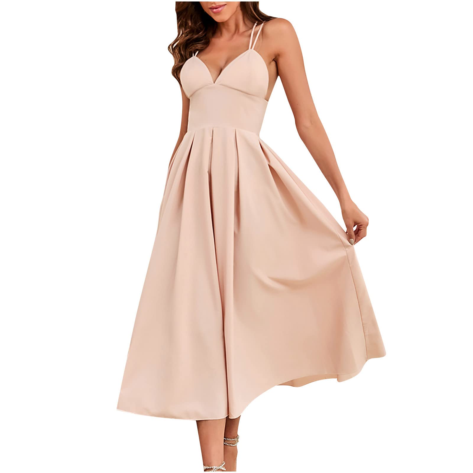 Elegant Deep V Neck Spaghetti Strap Maxi Dress for Women - Formal Evening Gown with Pleated Design for Wedding Guest, Party & Special Occasions