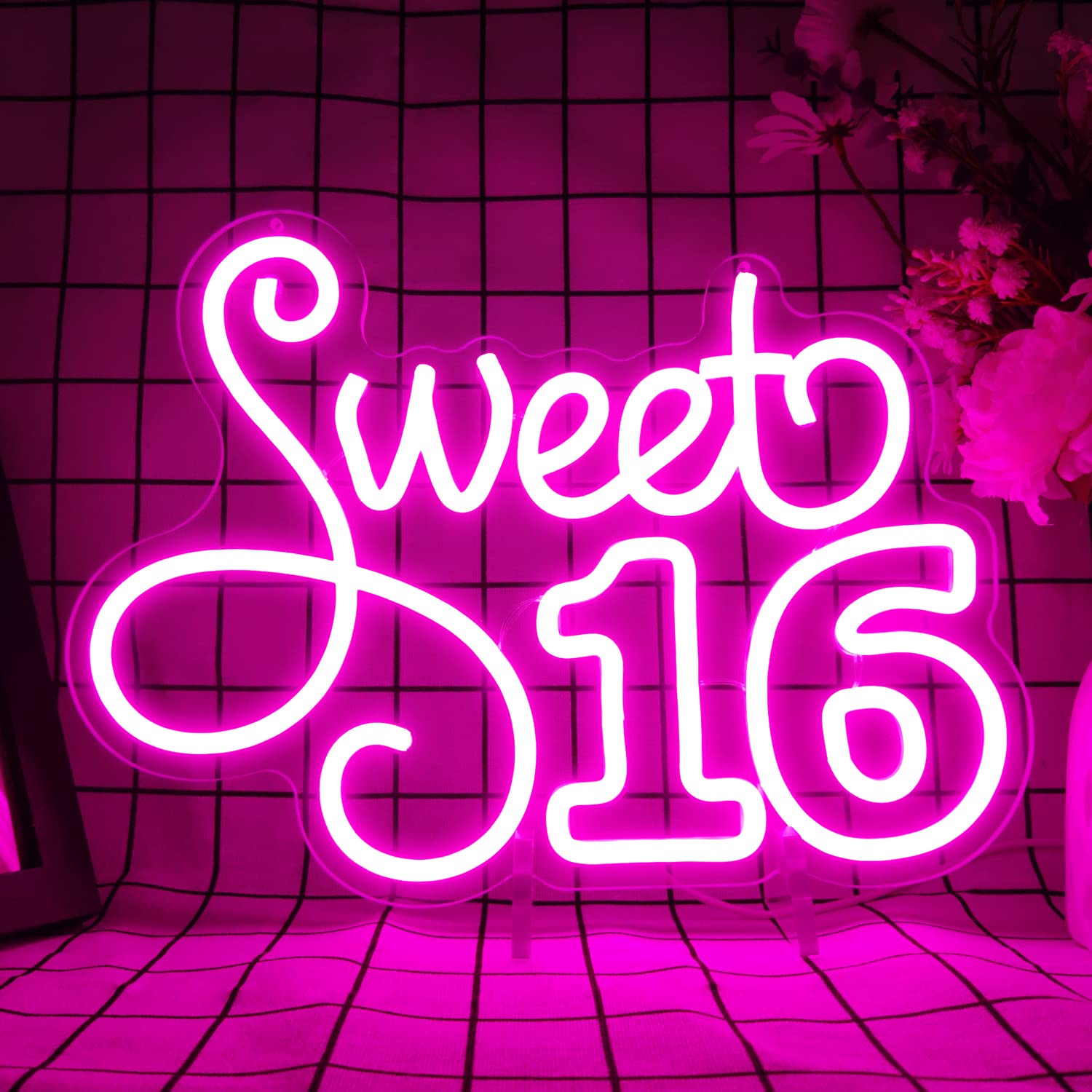 Sweet 16 Pink LED Neon Sign - 13.39x9.84 Inch Dimmable USB Wall Decor for Birthday Parties, Girls Bedroom & Teen Room Decorations - Perfect for Sweet Sixteen Celebrations, Sleepovers & TikTok Room Aesthetics