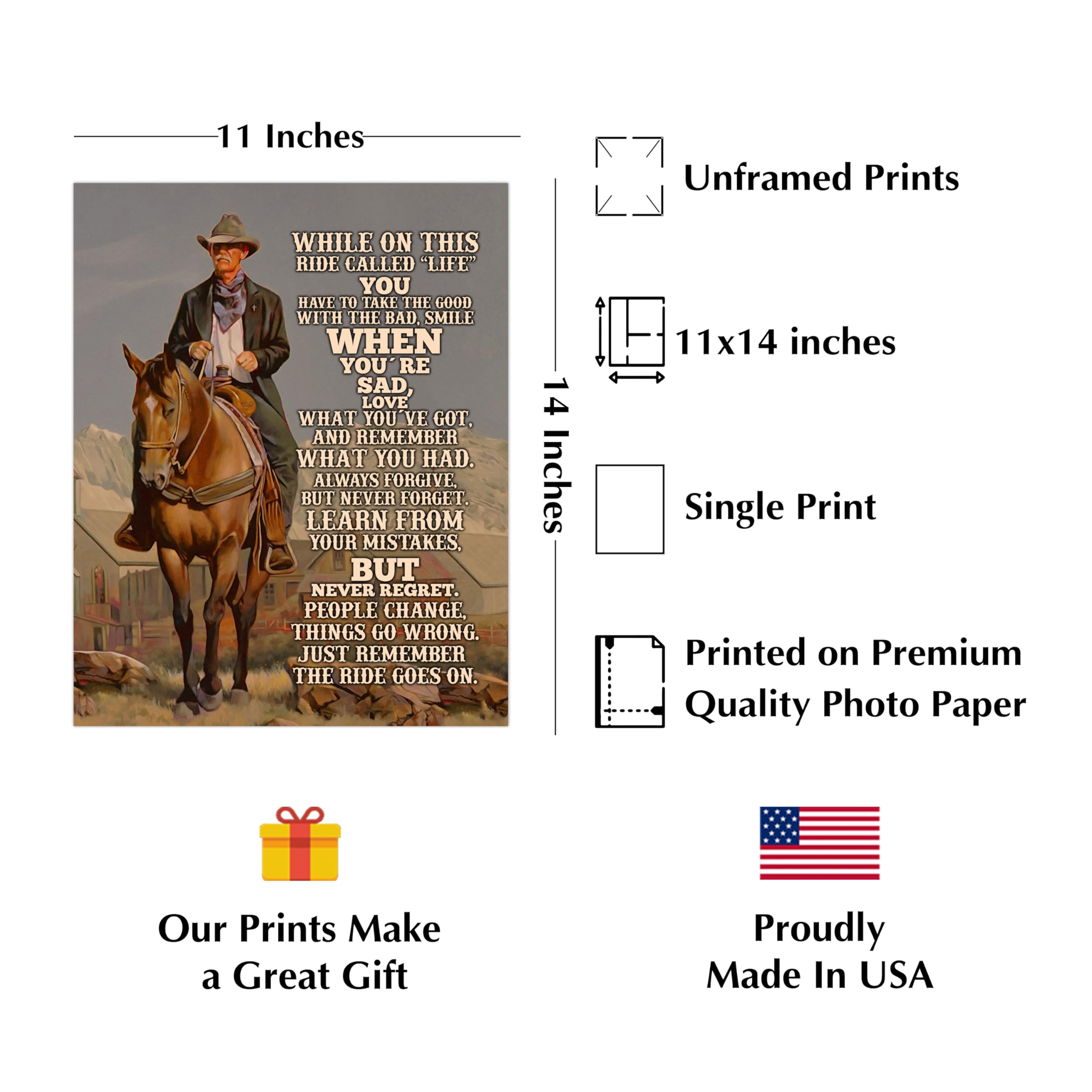 Ride Called Life - Inspirational Western Wall Art with Cowboy Photo Print, Motivational Rustic Decor for Living Room, Office, Library & Home - Unframed 11x14 - Perfect for Western Theme Decor & Cowboy Lovers