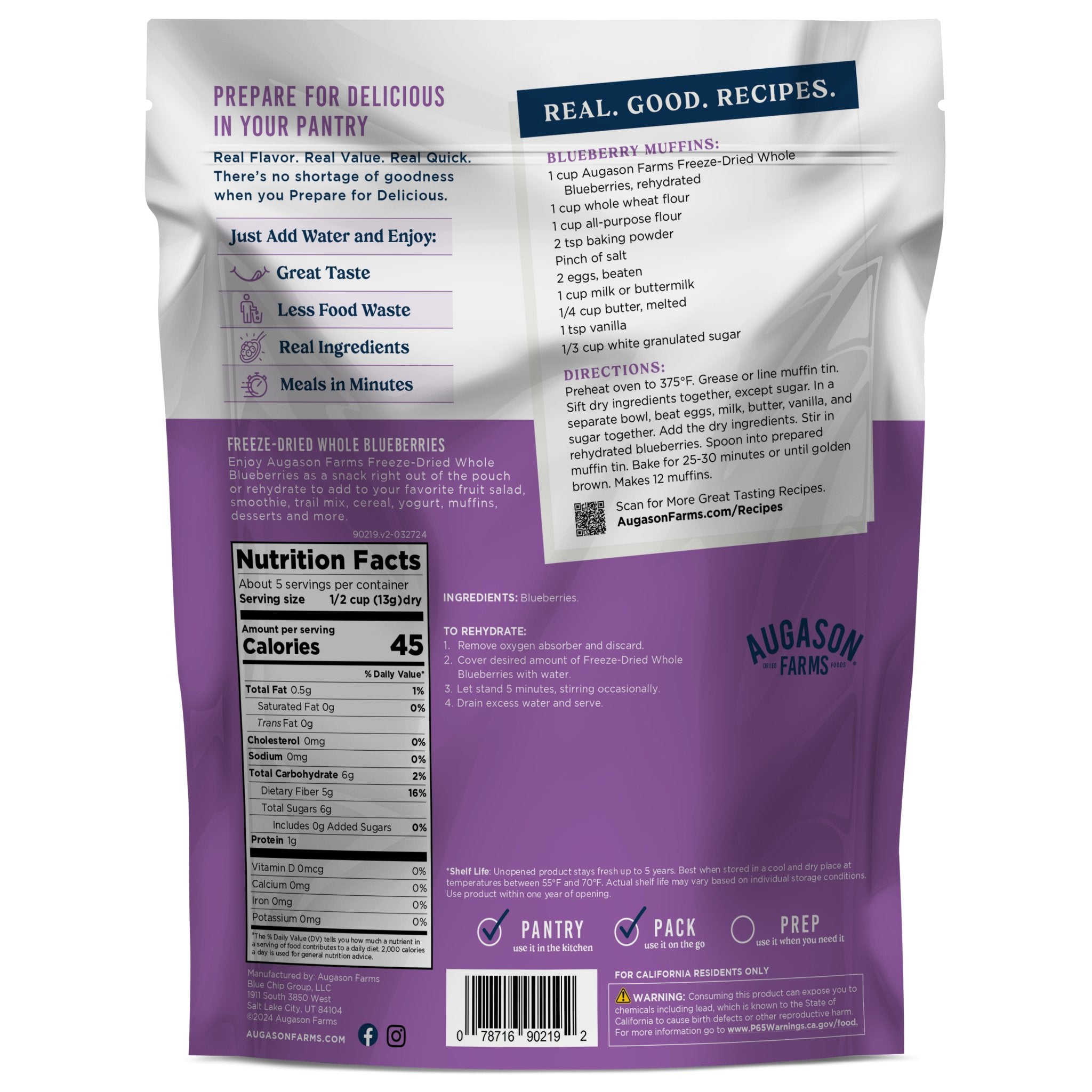 Freeze Dried Whole Blueberries - 100% Natural, No Sugar Added, Non-GMO, Gluten-Free Snack (5 Servings) - Perfect for Smoothies, Baking, Trail Mix & Healthy On-the-Go Snacking