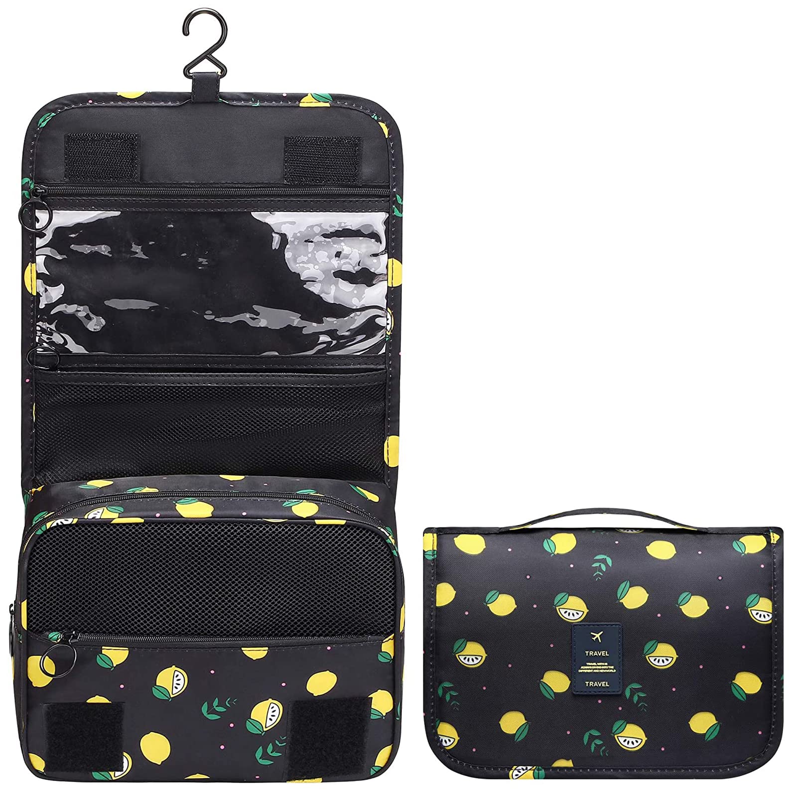 Premium Hanging Toiletry Bag for Women & Kids - Waterproof Travel Makeup Organizer with Sturdy Hook for Shower, Bathroom & Cosmetic Storage (Black Lemon) - Perfect for Camping, Gym & Vacation Trips