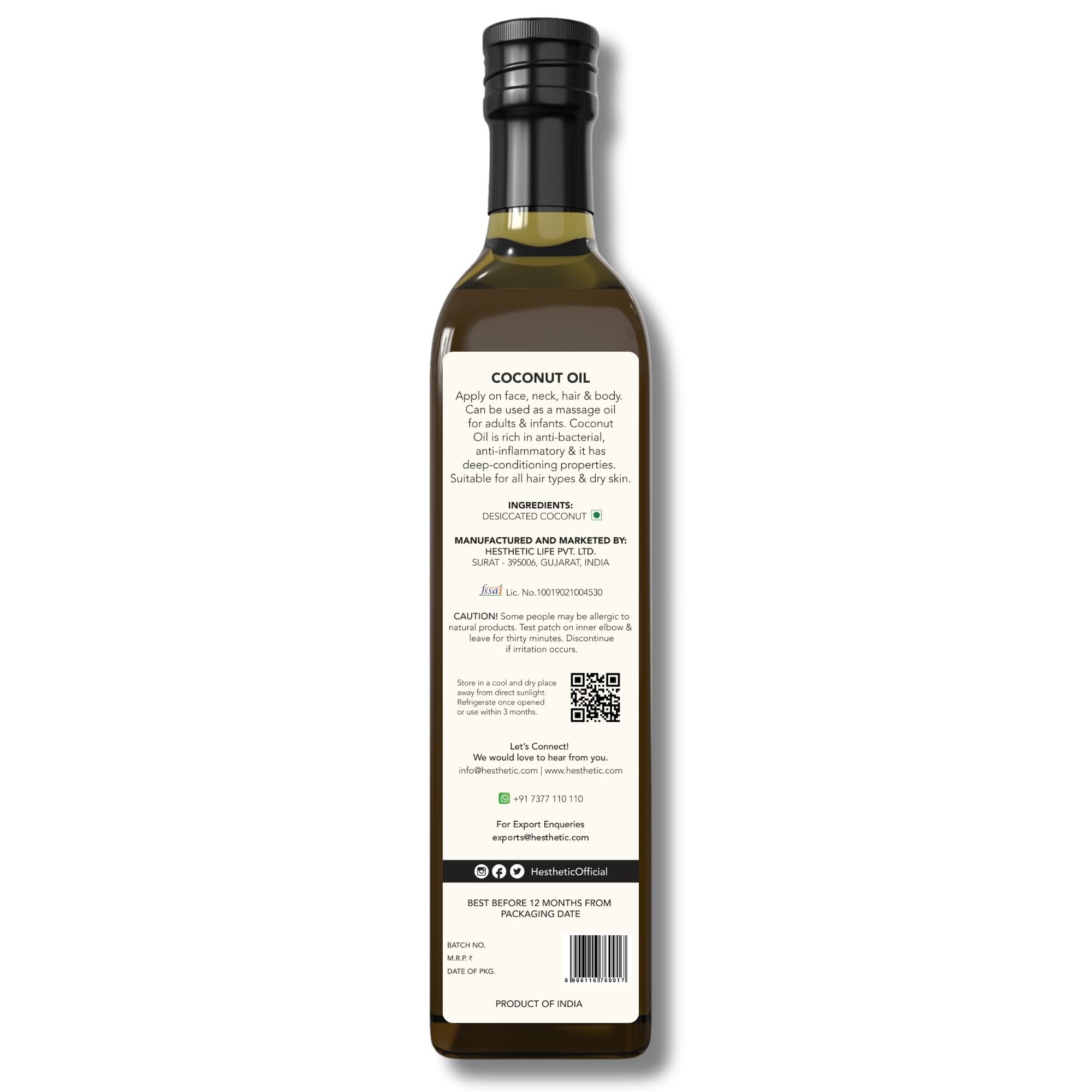 HESTHETIC - Virgin Cold Pressed Coconut Oil 250ml | 100% Pure & Natural | Organic Hair & Skin Care | Massage Oil & Oil Pulling | Glass Bottle | Perfect for Cooking, DIY Beauty & Aromatherapy
