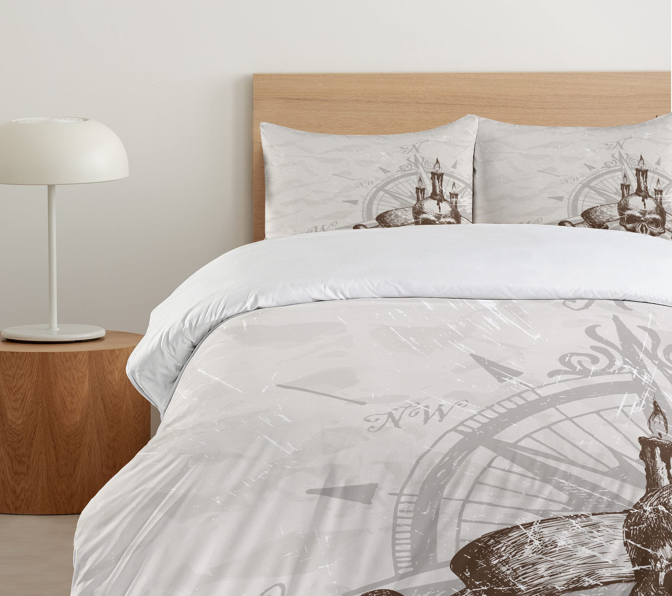 Ambesonne Compass Duvet Cover Set - Windrose Skull & Candles Pirate Adventure Theme, 3-Piece California King Bedding Set with 2 Pillow Shams in Brown Pearl Grey | Gothic Home Decor for Halloween & Themed Bedrooms