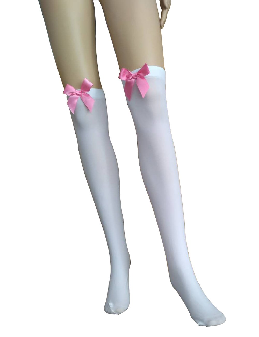 Elegant White Knee High Stockings with Pink Bow - Perfect for Cosplay, Lingerie & Fashion Outfits