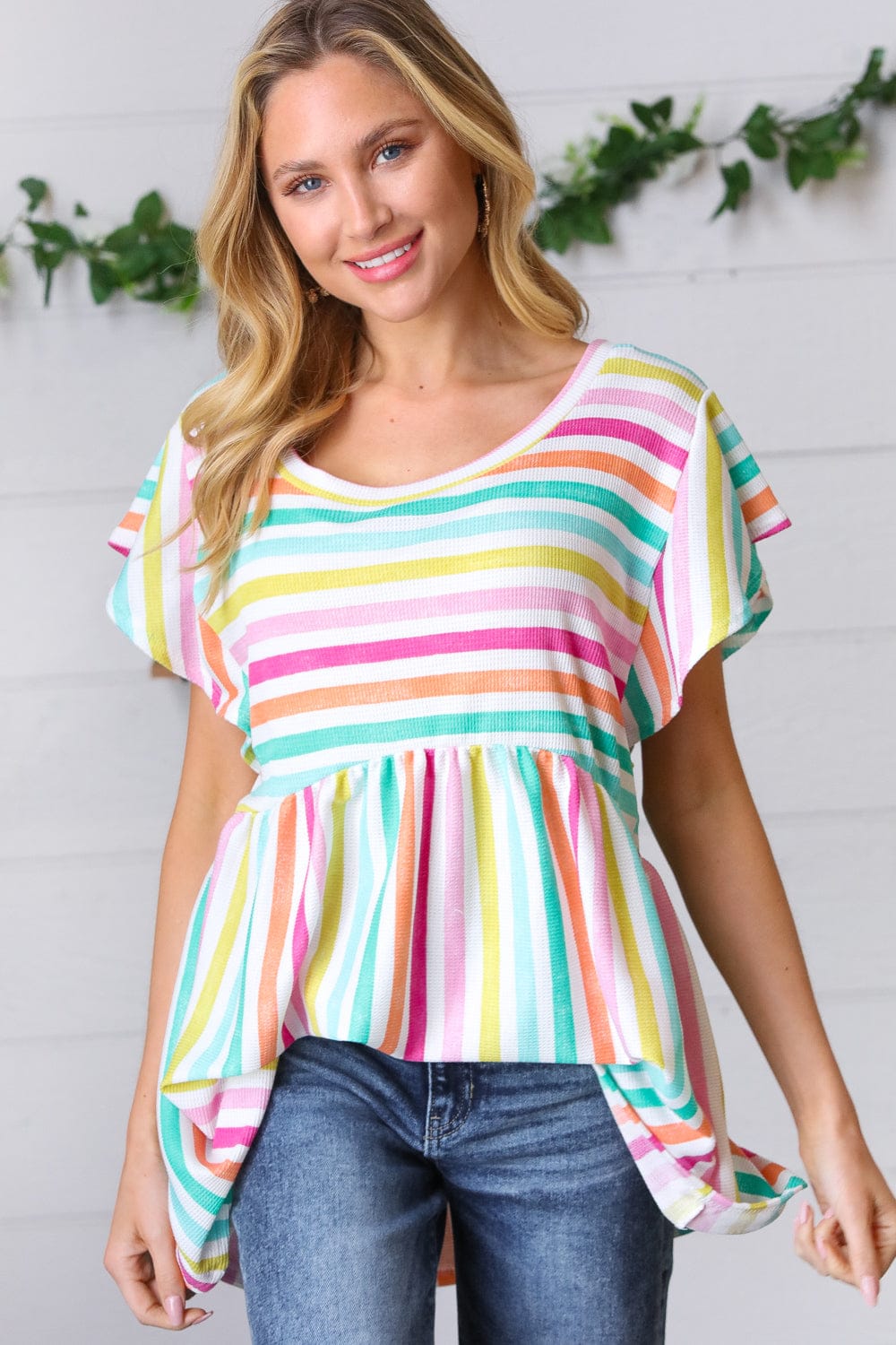 Lavender Rainbow Stripe Babydoll Top - Cute Flowy Summer Crop Top for Women, Perfect for Beach, Music Festivals & Date Nights