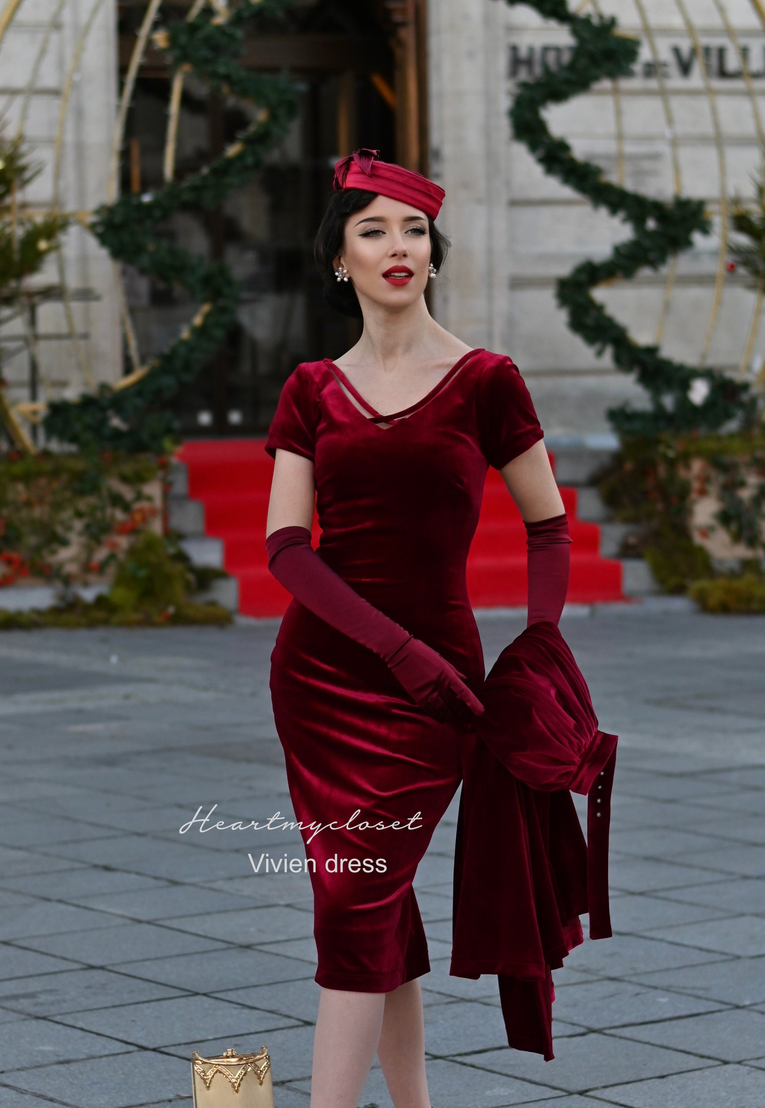Vivien Red Velvet Pencil Dress with Removable Skirt Wrap - Elegant Formal & Party Wear for Women