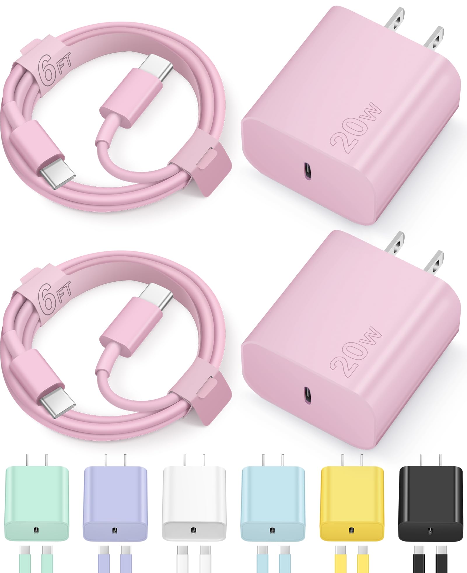 Fast Charging USB C Charger Block with 2 Pack 6FT Cables - Compatible with iPhone 16/16 Plus/16 Pro/16 Pro Max/iPhone 15/15 Pro Max/Samsung - Pink | Perfect for Home, Office & Travel Charging
