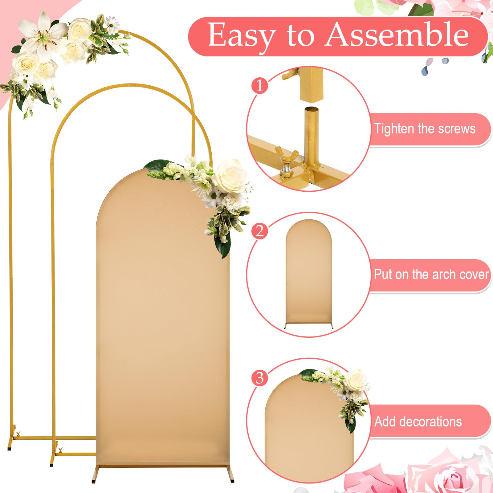 Gisafai 6-Pack Metal Arch Backdrop Stand with Spandex Cover - 4ft/5ft/6ft Wedding Arch Frame for Wedding Decor, Party Backdrop, Photo Booth & Outdoor Events (Nude)
