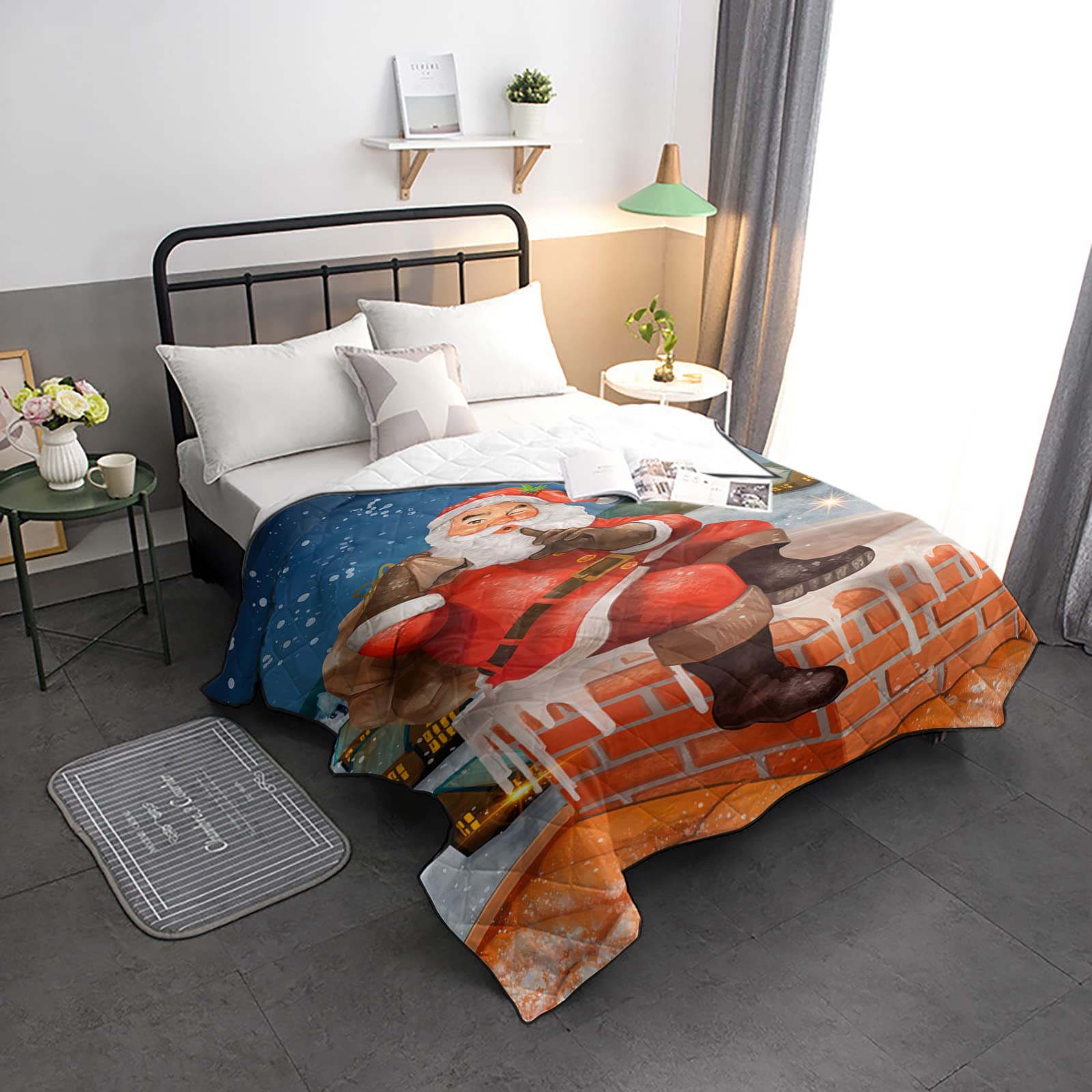 Luxury California King Quilted Comforter - Thin, Soft & Cozy Reversible Bedspread with Christmas Santa Claus & Snow Village Design - All Season Lightweight Quilt Coverlet for Master Bedroom, Guest Room & Holiday Decor