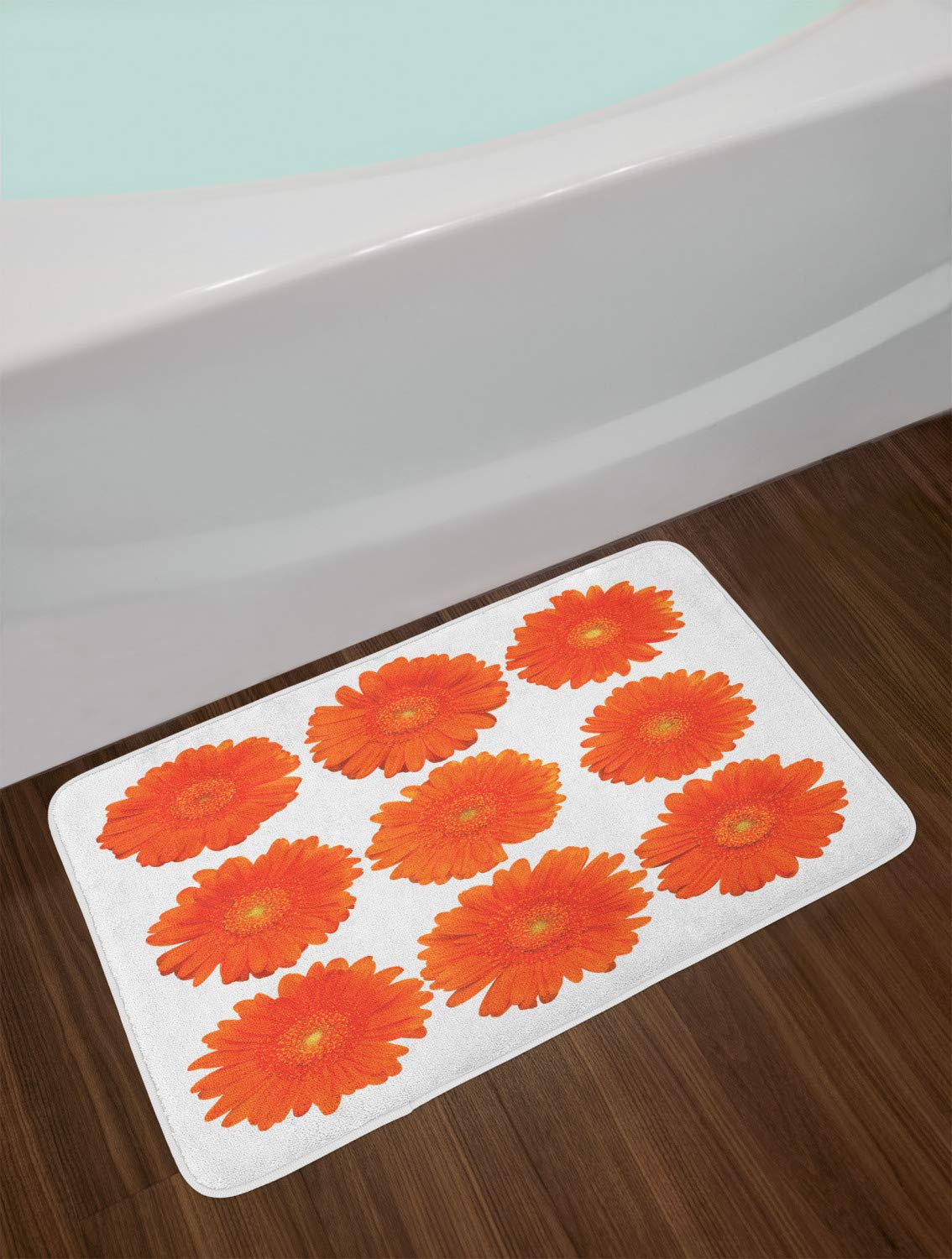 Ambesonne Non-Slip Orange Bath Mat with Floral Gerbera Daisy Design - Soft Plush Bathroom Decor for Spring & Summer - 30