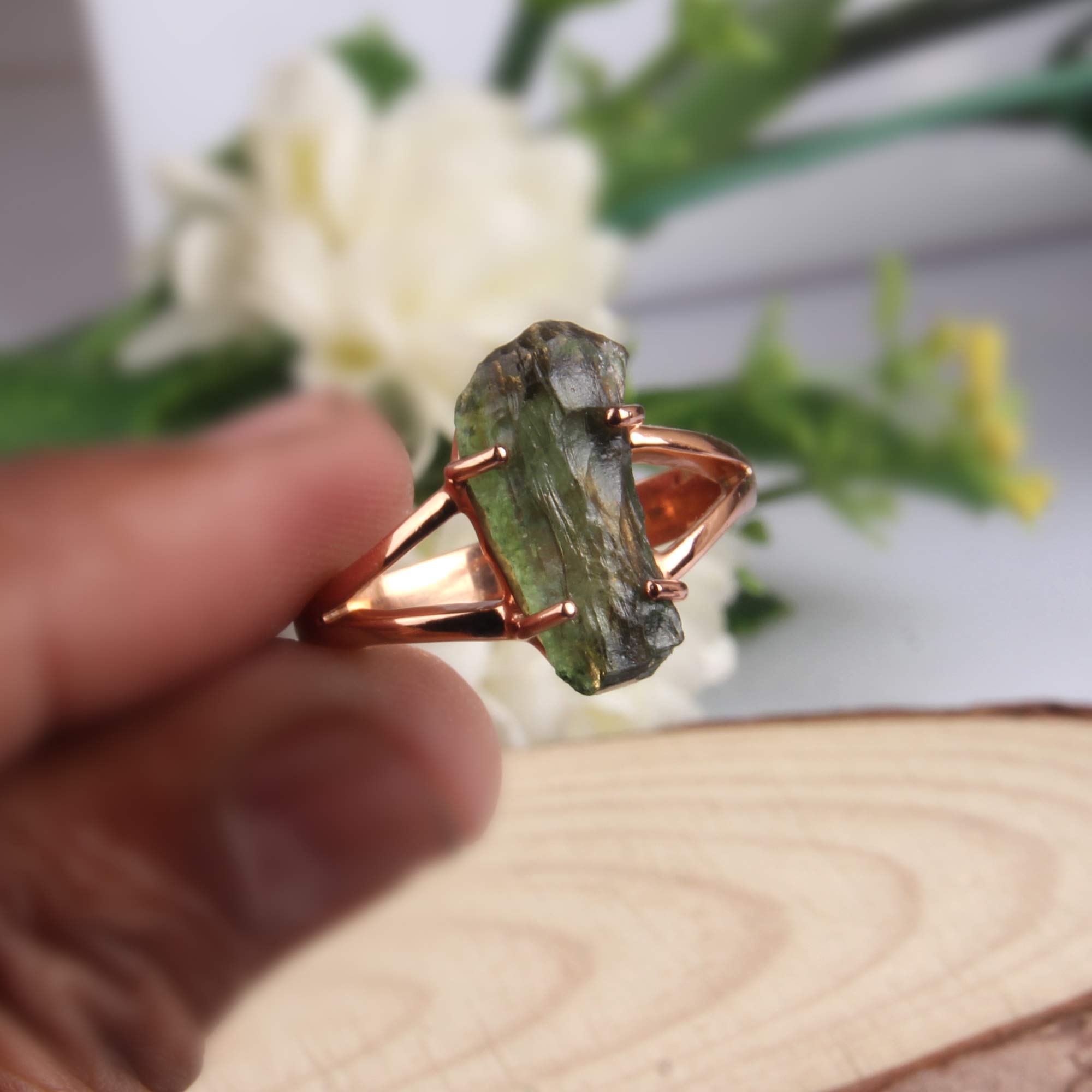 Rose Gold Plated 925 Sterling Silver Moldavite Ring - Genuine Raw Stone Spiritual Jewelry for Stacking, Engagement & Healing | Perfect for Meditation, Energy Work & Special Occasions