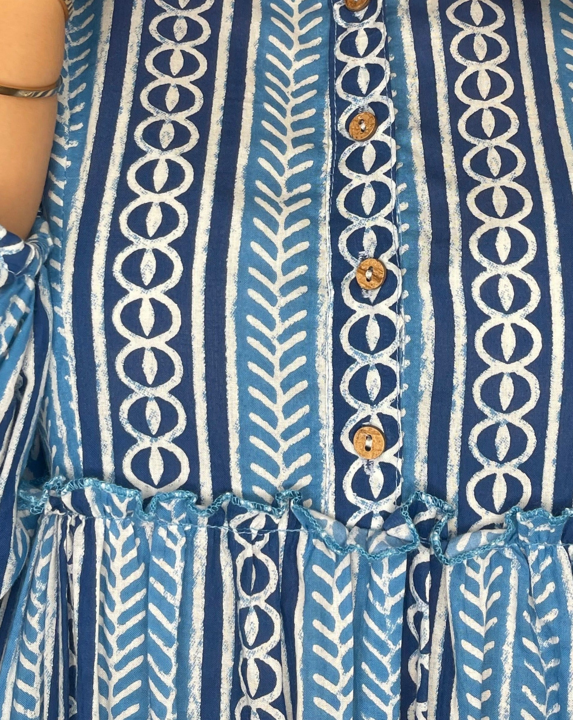 Blue Stripe Block Print Cotton Maxi Dress - Women's Boho Summer Beach Dress for Vacation, Party & Casual Wear