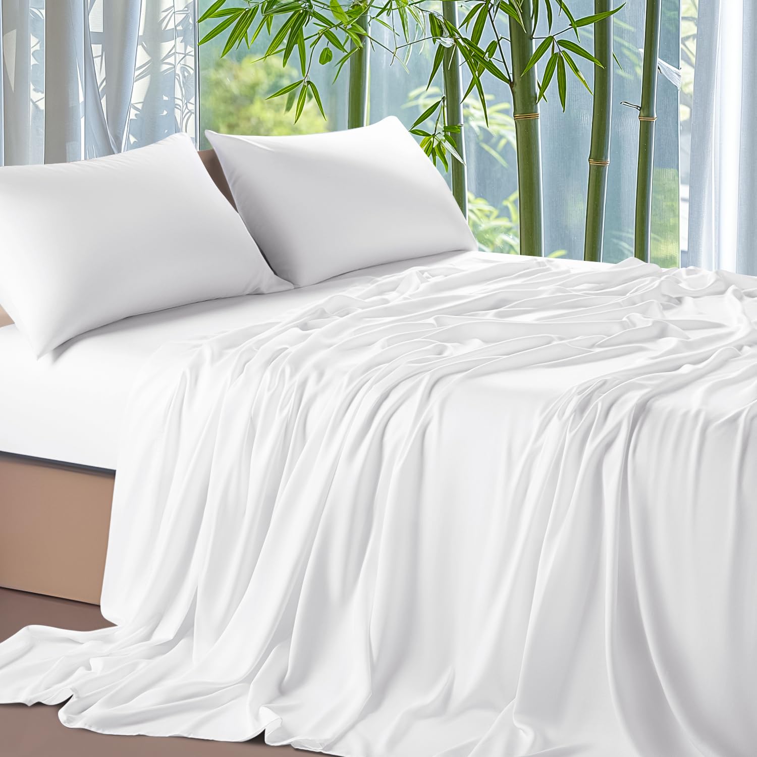 Bamboo Viscose Queen Size Bed Sheets Set of 4 - Ultra Cooling & Silky Soft, 16