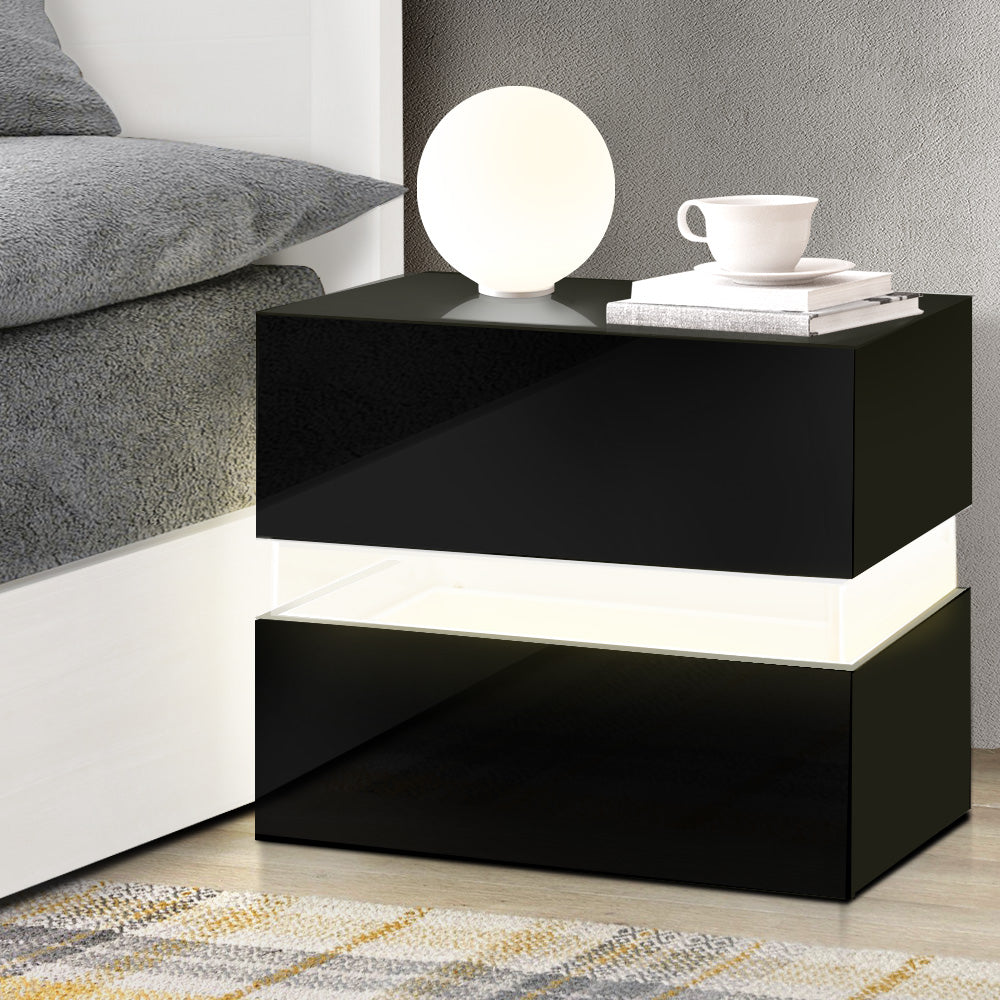 Modern 2-Drawer RGB LED Bedside Table - High Gloss Black Nightstand with USB Charging Port | Perfect for Small Bedrooms, Gaming Setups & Contemporary Home Decor