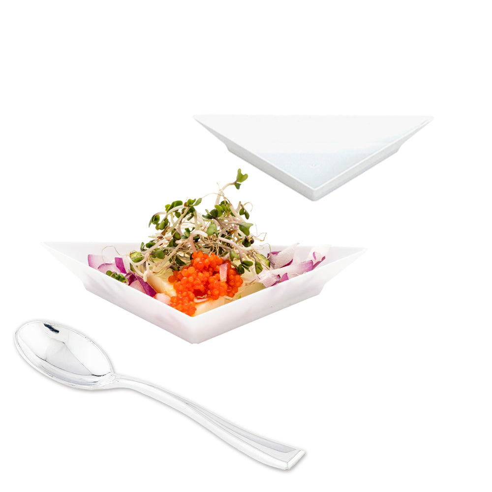 100-Pack White Plastic Mini Triangle Appetizer Plates & 100 Silver Plastic Mini Spoons Set - Perfect for Parties, Weddings, and Catering Events