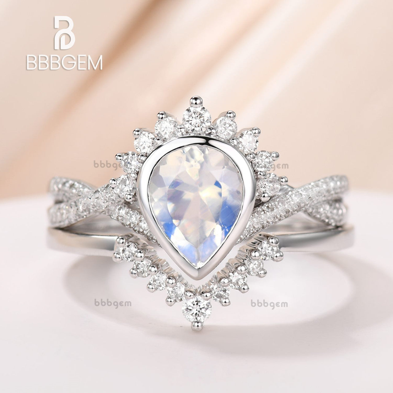 1 Carat Pear Shaped Moonstone Engagement Ring Set with Rose Gold Diamond Wedding Band - Perfect for Bridal Jewelry, Anniversary Gifts & Romantic Proposals
