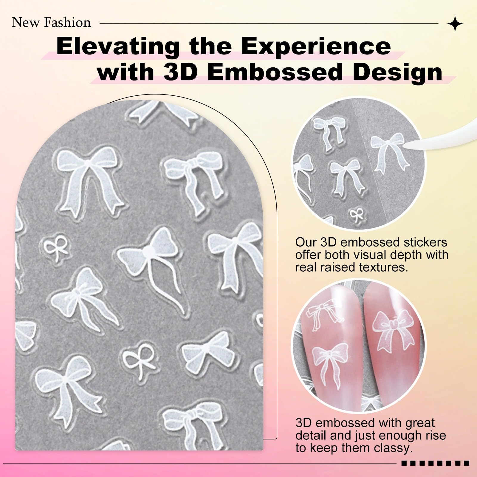3D Bow Nail Stickers - 5D Embossed Self-Adhesive Nail Art Decals (3 Sheets) for Women & Girls - Perfect for Manicure, Parties, Weddings & Special Occasions