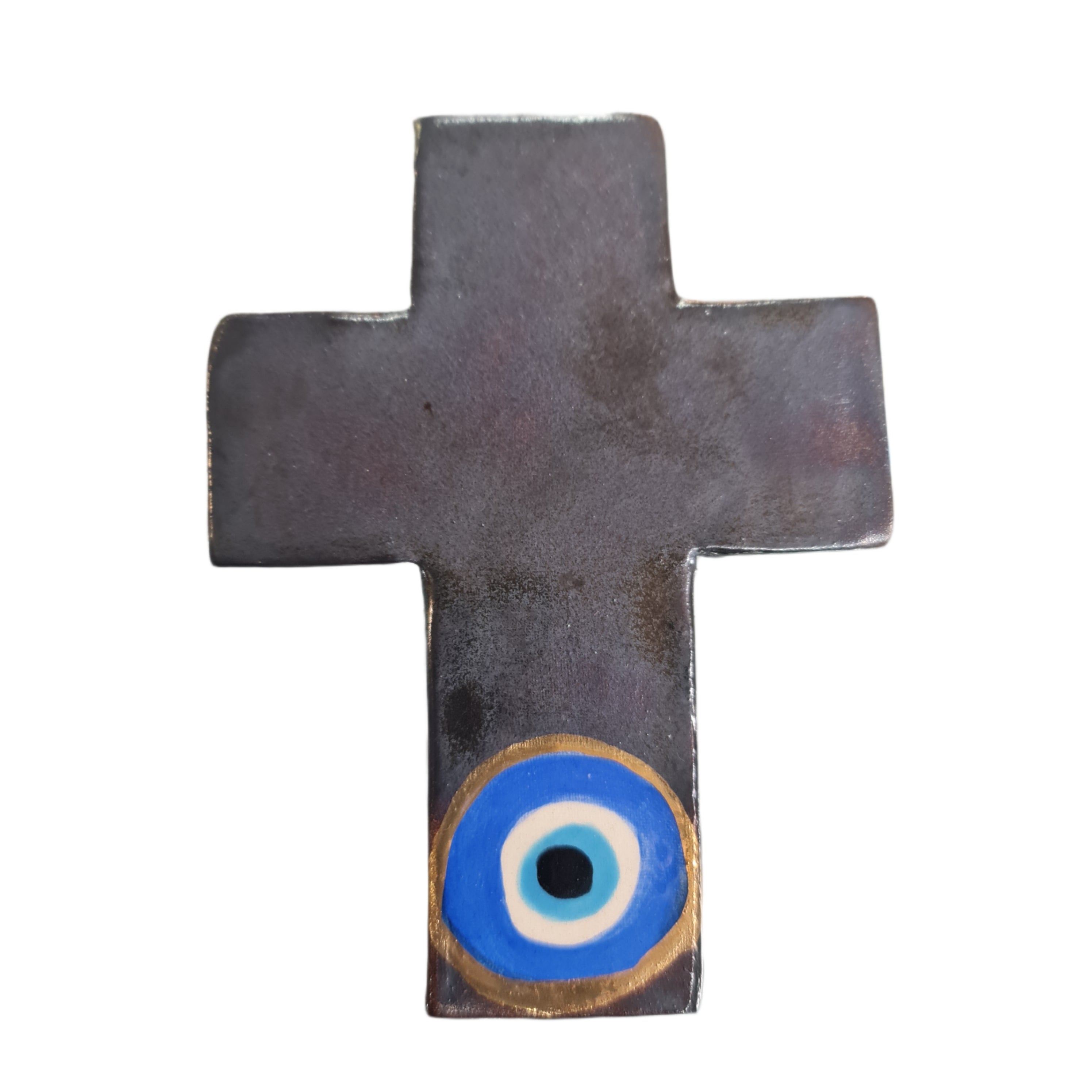 Small Ceramic Evil Eye Wall Cross in Gunmetal Grey - Perfect for Home Decor, Spiritual Protection & Gifts