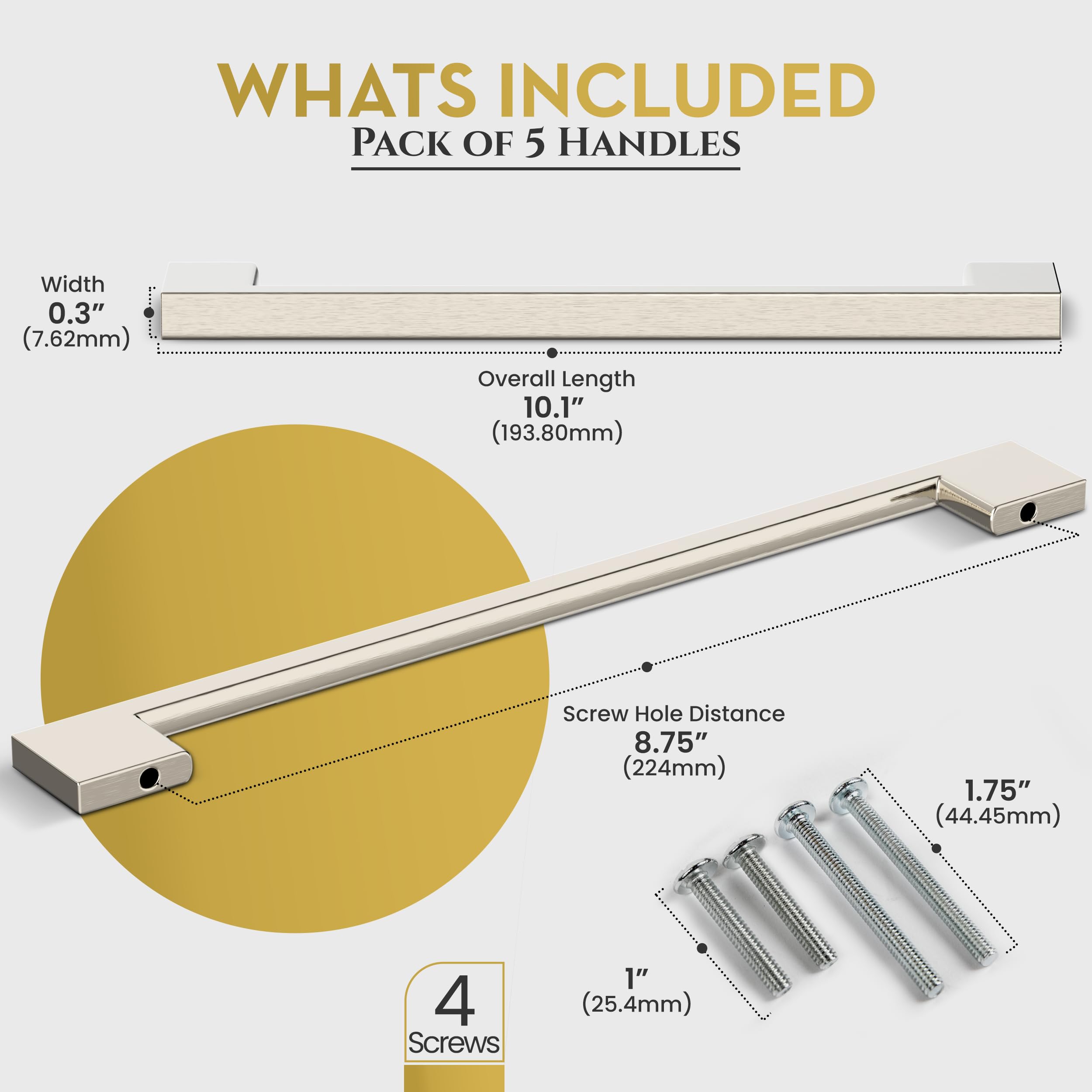 Brushed Nickel Cabinet Pulls 224mm - Satin Nickel Drawer Handles for Modern Kitchen Cabinets - Silver Cupboard & Drawer Hardware - Perfect for Home Renovation & Cabinet Upgrades