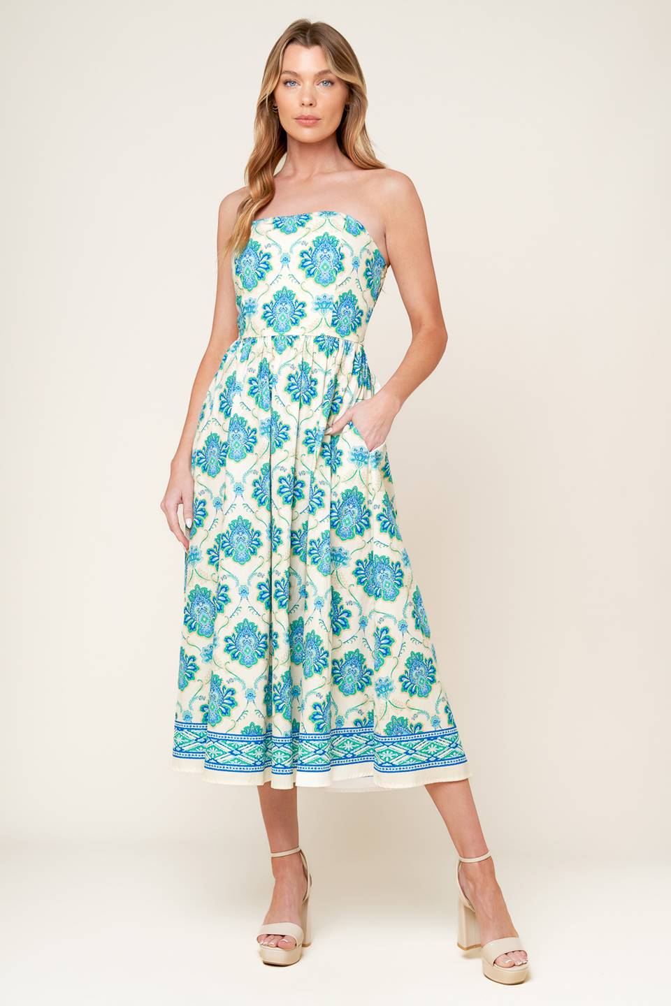 Elegant Strapless Midi Dress in Blue & Green - Perfect for Weddings, Parties & Summer Outings