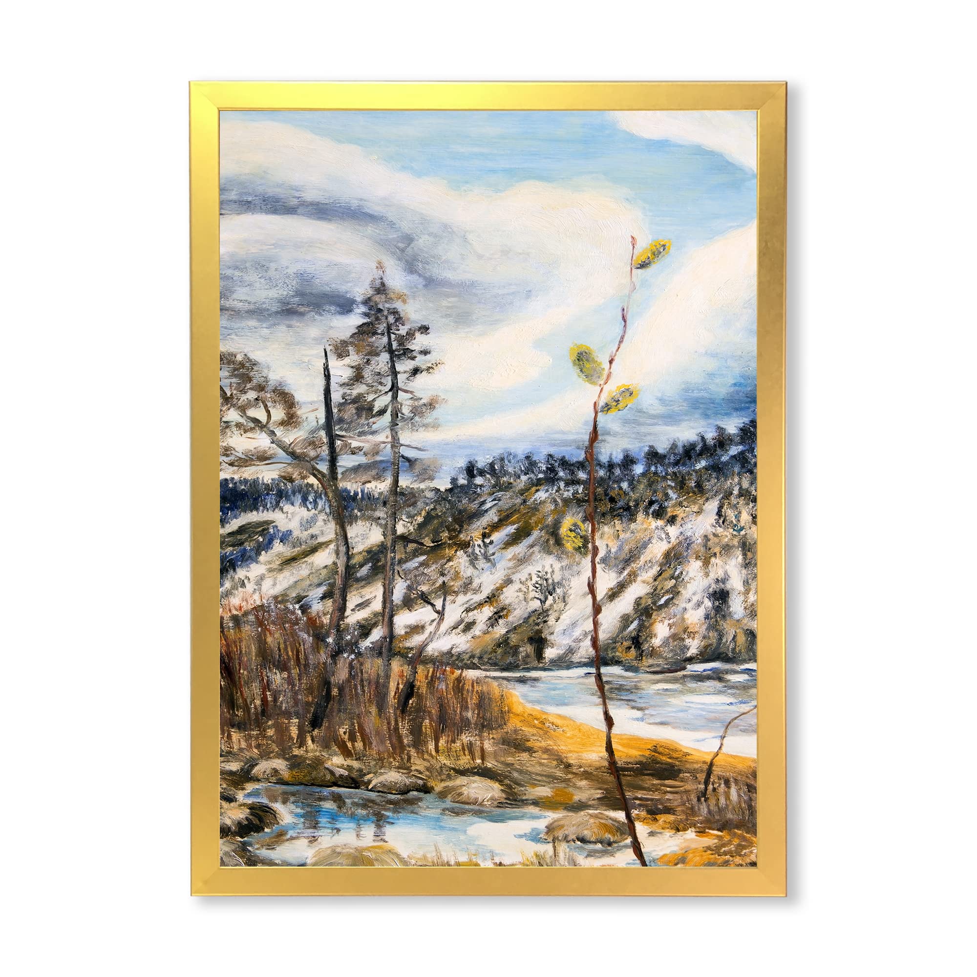 Spring Landscape with Cloudy Sky and River Lake House Framed Wall Art - Nature Themed Home Decor for Living Room, Bedroom & Office