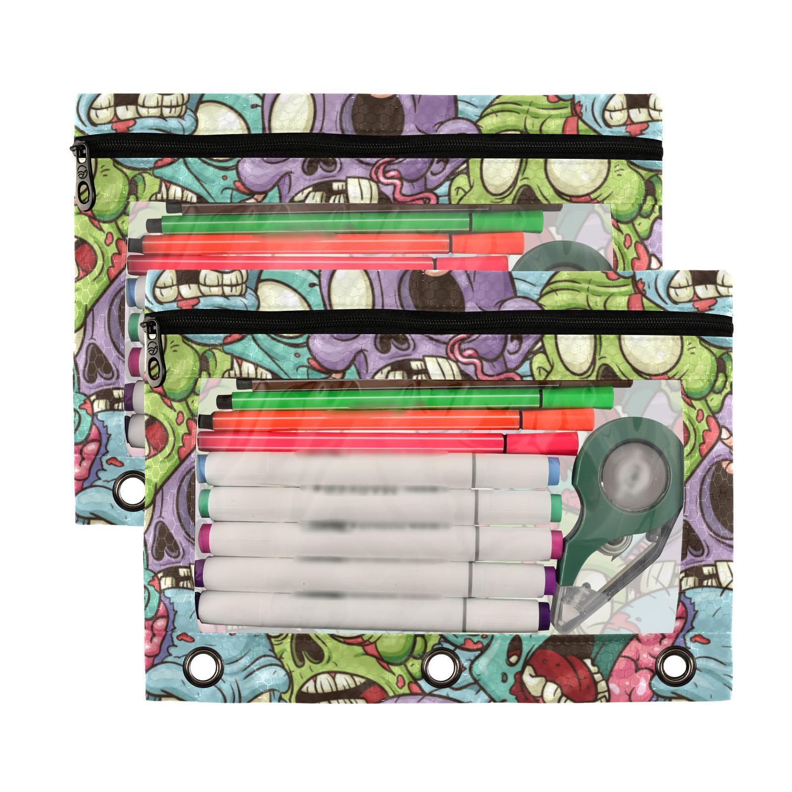 Wudan Colorful Yelling Zombie 3-Ring Binder Pencil Pouch 2-Pack - Clear Waterproof Plastic Pencil Case with Zipper for School, Office & Travel - Perfect for Organizing Pens, Cosmetics & Documents