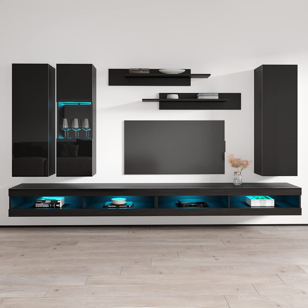 Modern Floating TV Stand with Storage & LED Lights - Wall-Mounted Entertainment Center for Living Room & Bedroom - Black TV Console with Shelves - Perfect for Small Spaces & Home Theater Setup