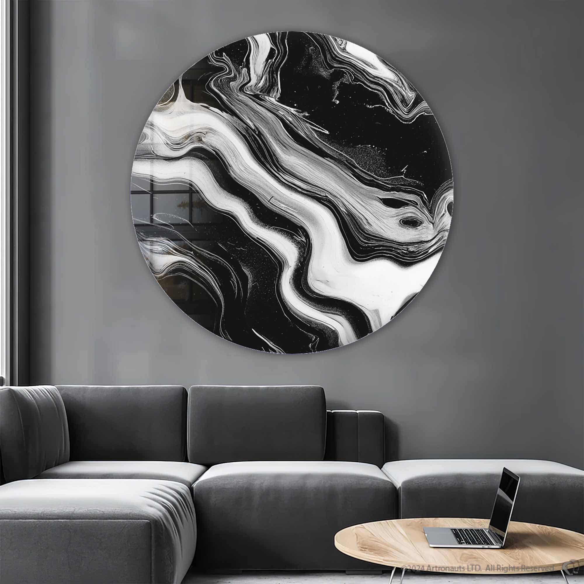 Stylish Noir Waves Rounded Glass Wall Art - Modern Home Decor for Living Room, Bedroom & Office