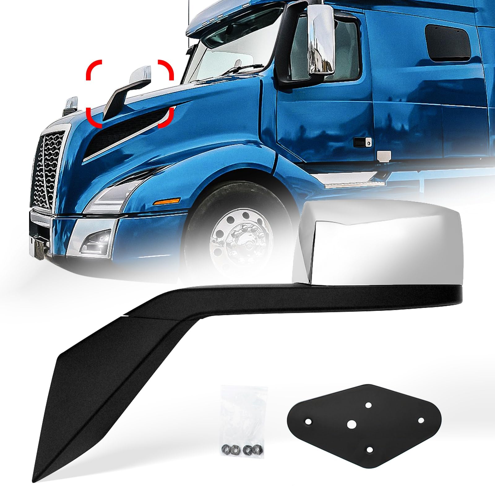 Volvo VNL Hood Mirror Assembly Replacement (2004-2014) - Left Driver Side Chrome Truck Mirror with Arm - Perfect for Volvo VNL Long Haul Trucks & Highway Safety