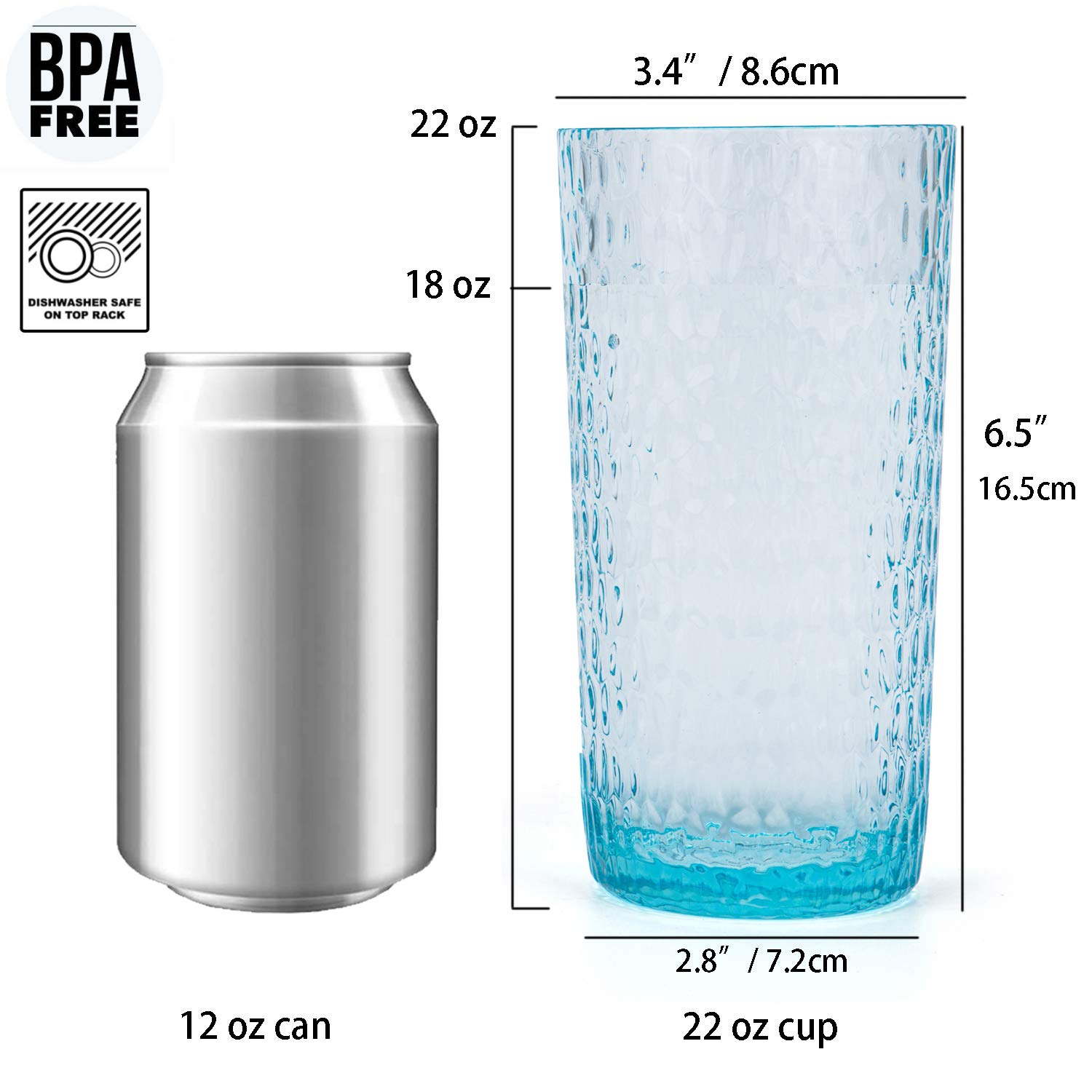 KX-WARE 22oz Honeycomb Design Acrylic Highball Glasses - Set of 6 Shatterproof Plastic Tumblers for Cocktails, Iced Coffee & Smoothies - Perfect for Parties, Bars & Outdoor Use (Blue)