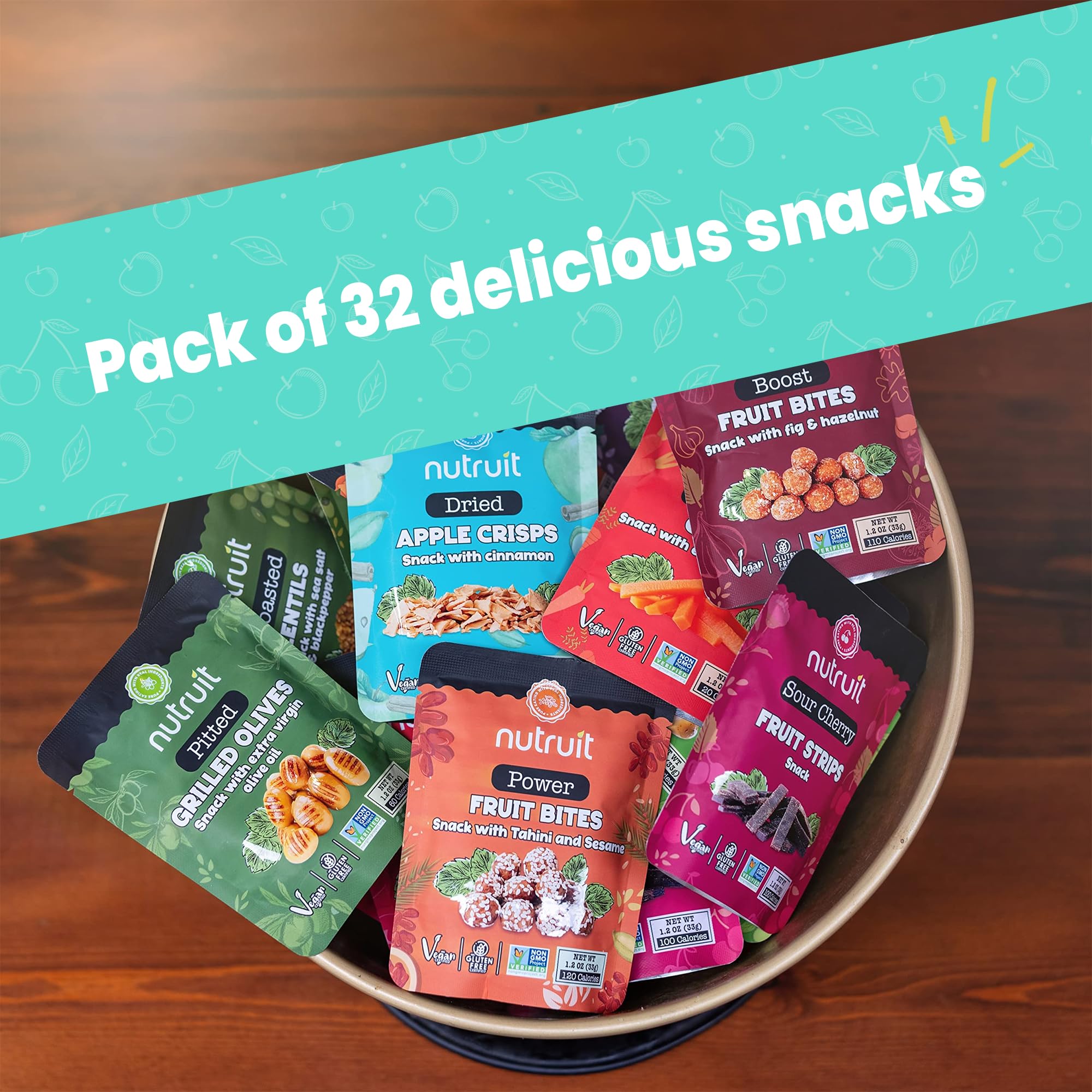 Nutruit Gourmet Healthy Snacks - 32 Pack MEGA Variety Box | Vegan, Gluten Free, Non-GMO Bulk Snacks | Kosher, High Protein & Fiber Plant-Based Snacks (1.2oz Packs) | Perfect for Office, Travel, School & On-the-Go Healthy Eating