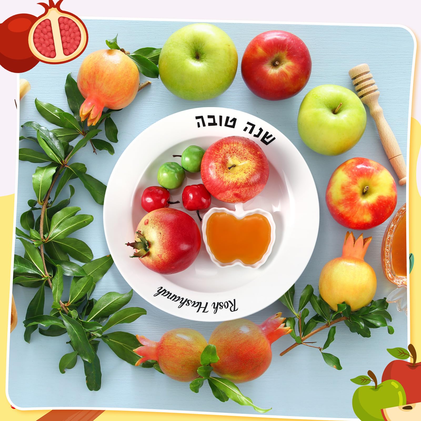 10 Inch Ceramic Apple and Honey Plate Set with Wooden Dipper - Rosh Hashanah Jewish New Year Gift, Shana Tova Table Decor, Holiday Hostess Party Favors - Perfect for Honey Dipping Ceremonies & Festive Dining Decorations