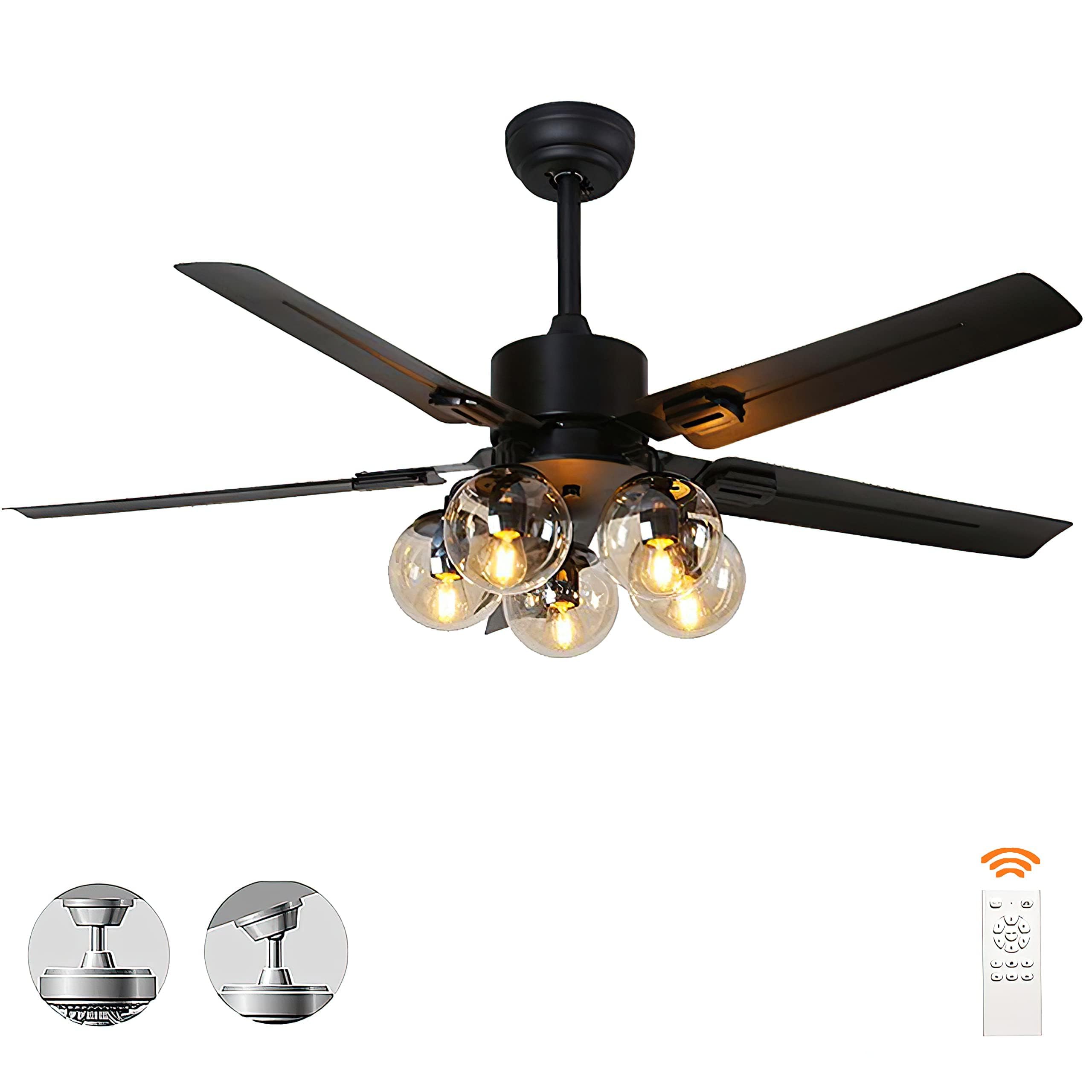 52 Inch Black Farmhouse Ceiling Fan with Light and Remote Control - Matte Black Vintage Style Ceiling Fan for Living Room, Bedroom, Dining Room - Perfect for Indoor Home Cooling and Decoration